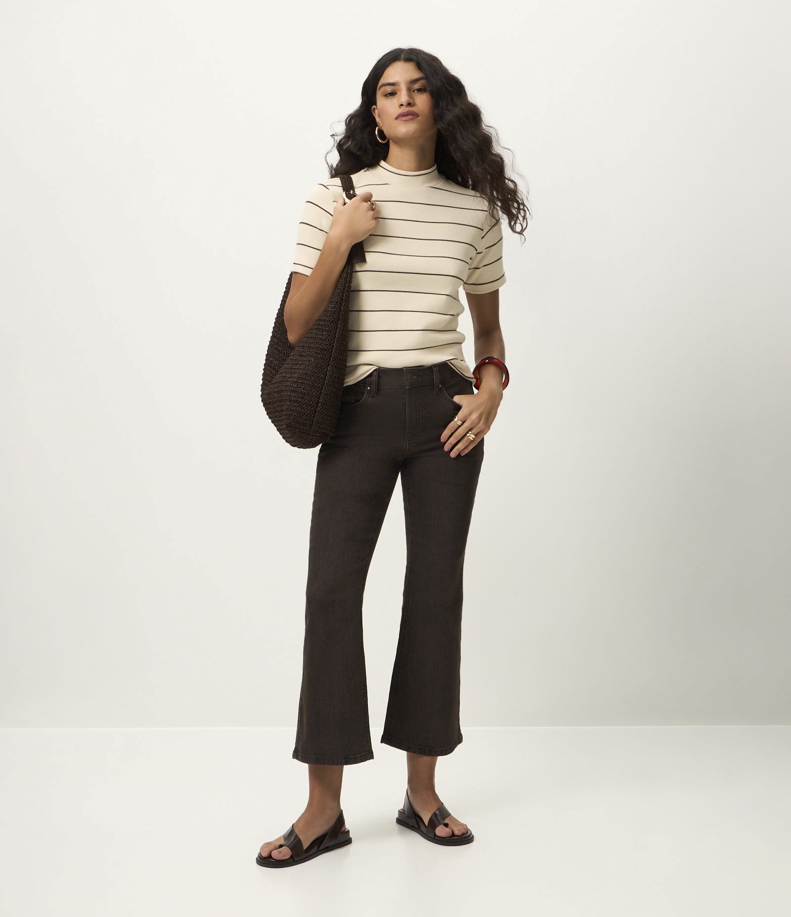 Blusa em Ribana com Golinha Média e Estampa Listrada Bege 2