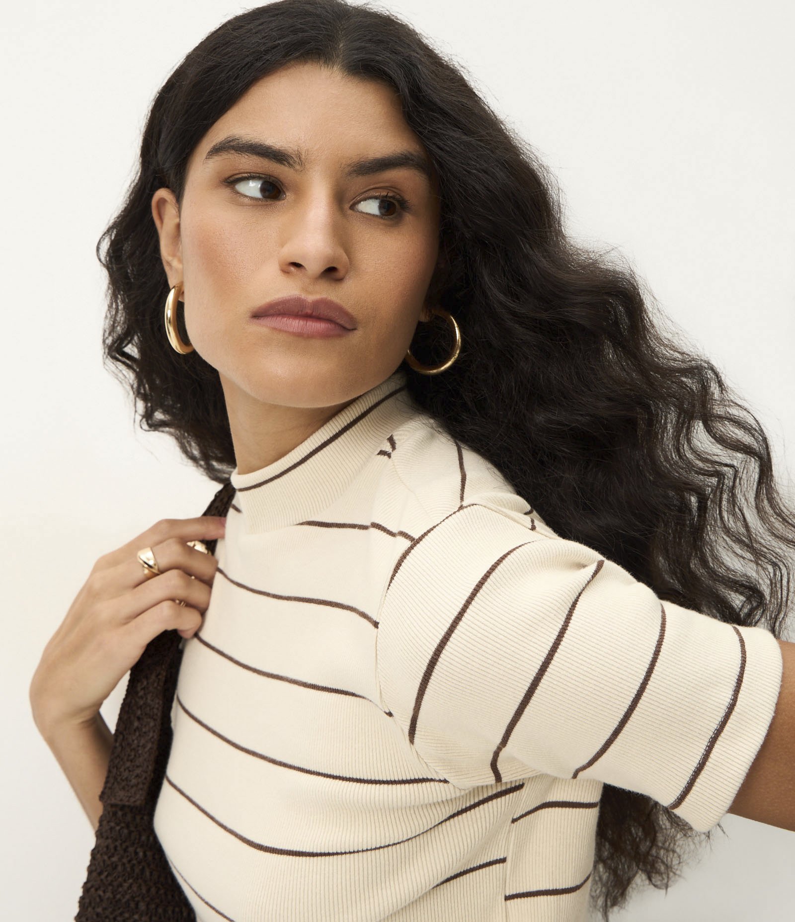 Blusa em Ribana com Golinha Média e Estampa Listrada Bege 3
