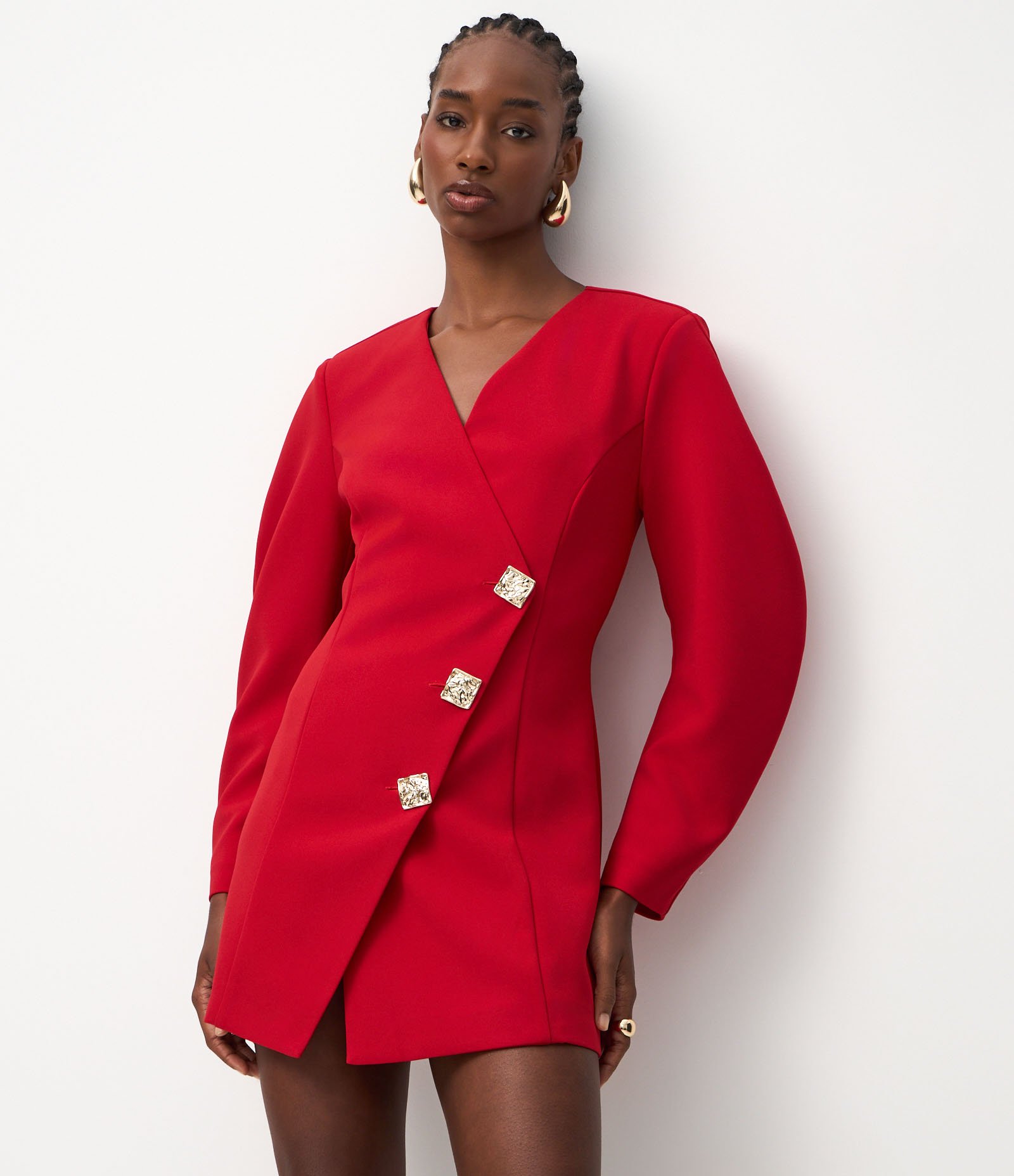 Vestido Curto Transpassado com Botões Aplicados Vermelho 3