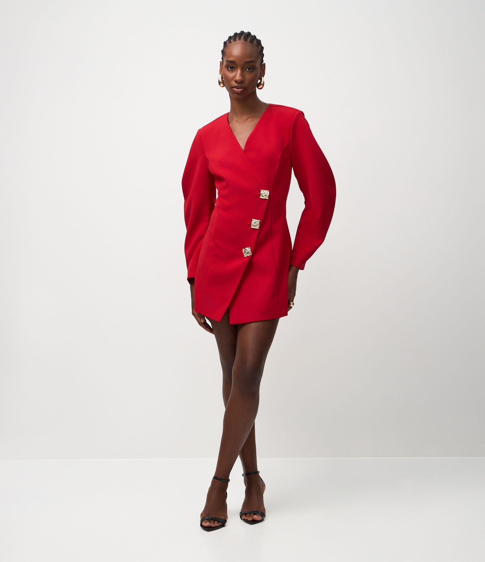 Vestido Curto Transpassado com Botões Aplicados Vermelho 4