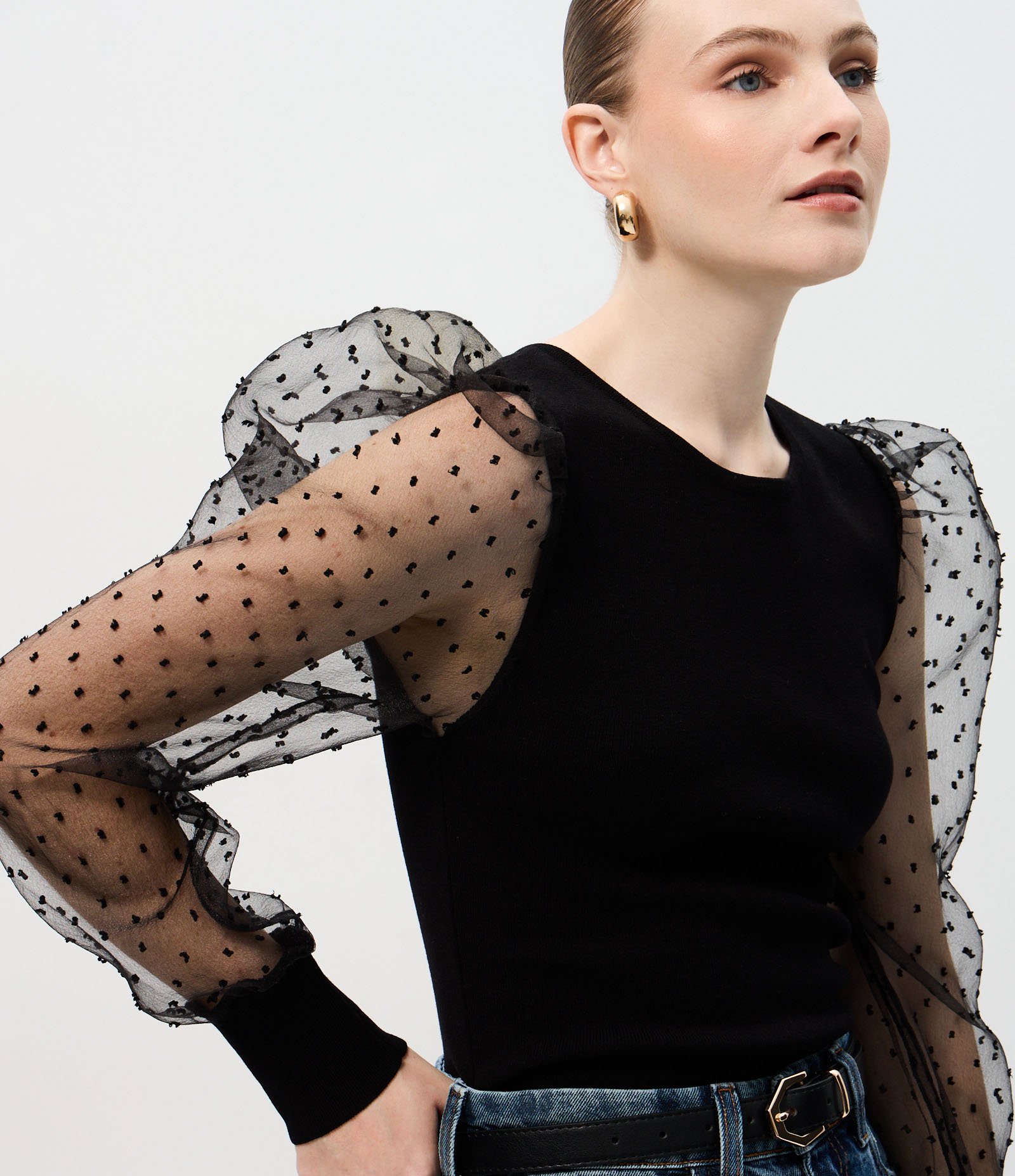 Blusa em Tricô com Manga Bufante Transparente Preto 1