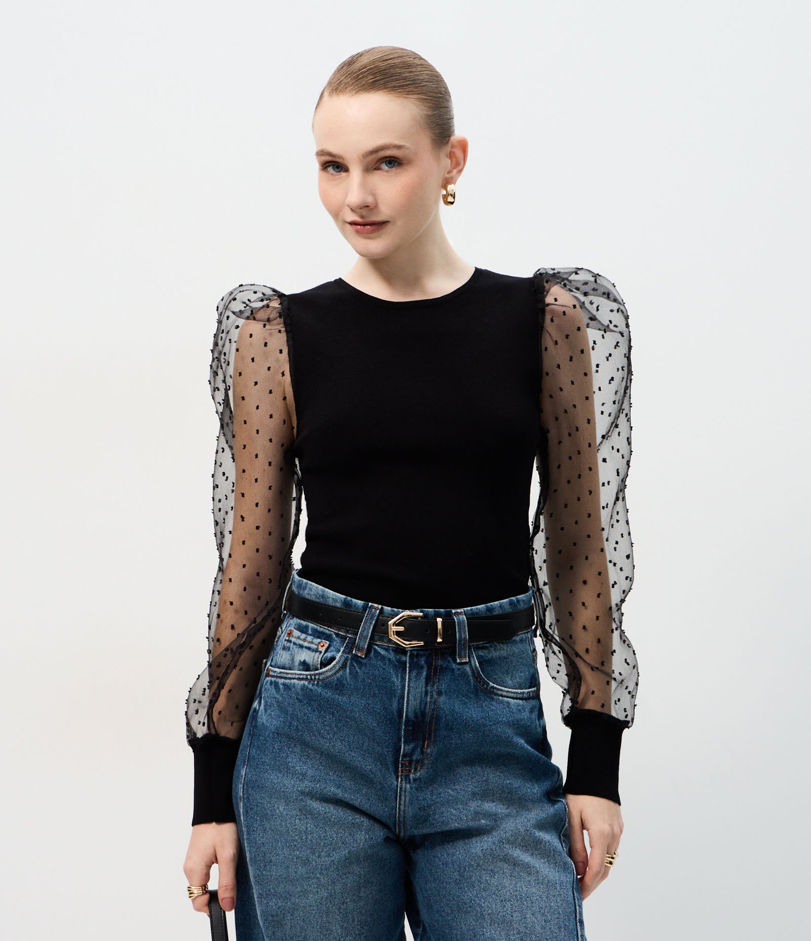 Blusa em Tricô com Manga Bufante Transparente Preto 3