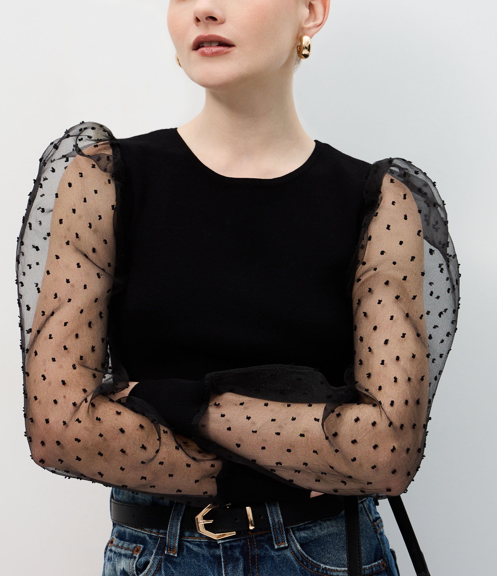 Blusa em Tricô com Manga Bufante Transparente Preto 4