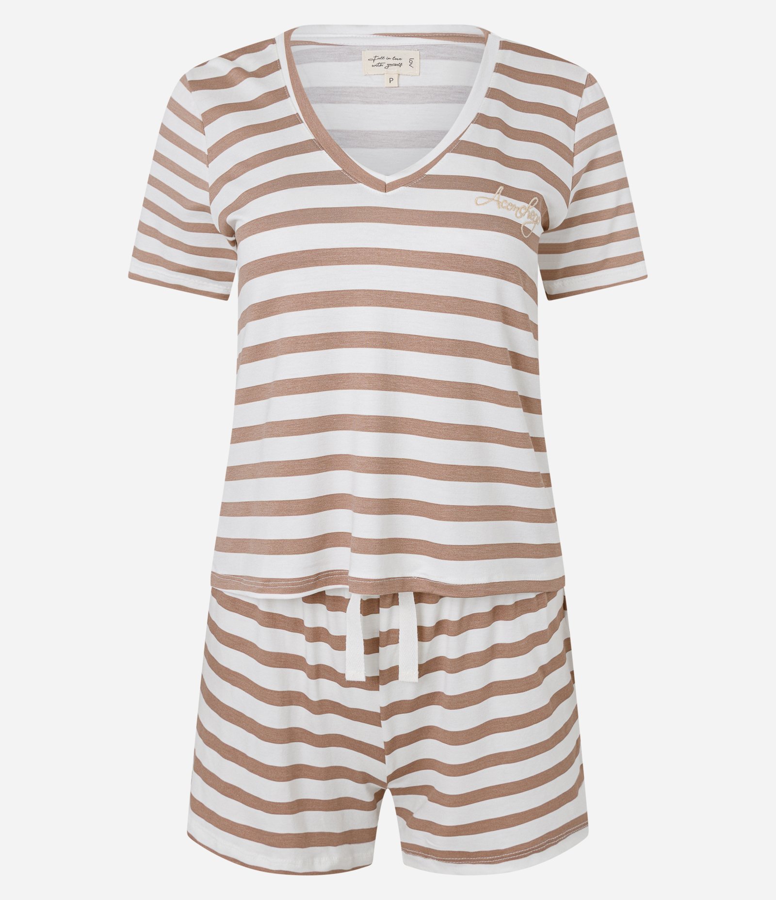 Pijama Short Doll em Viscolycra Listrada com Bordado Aconchego Branco/Bege 1