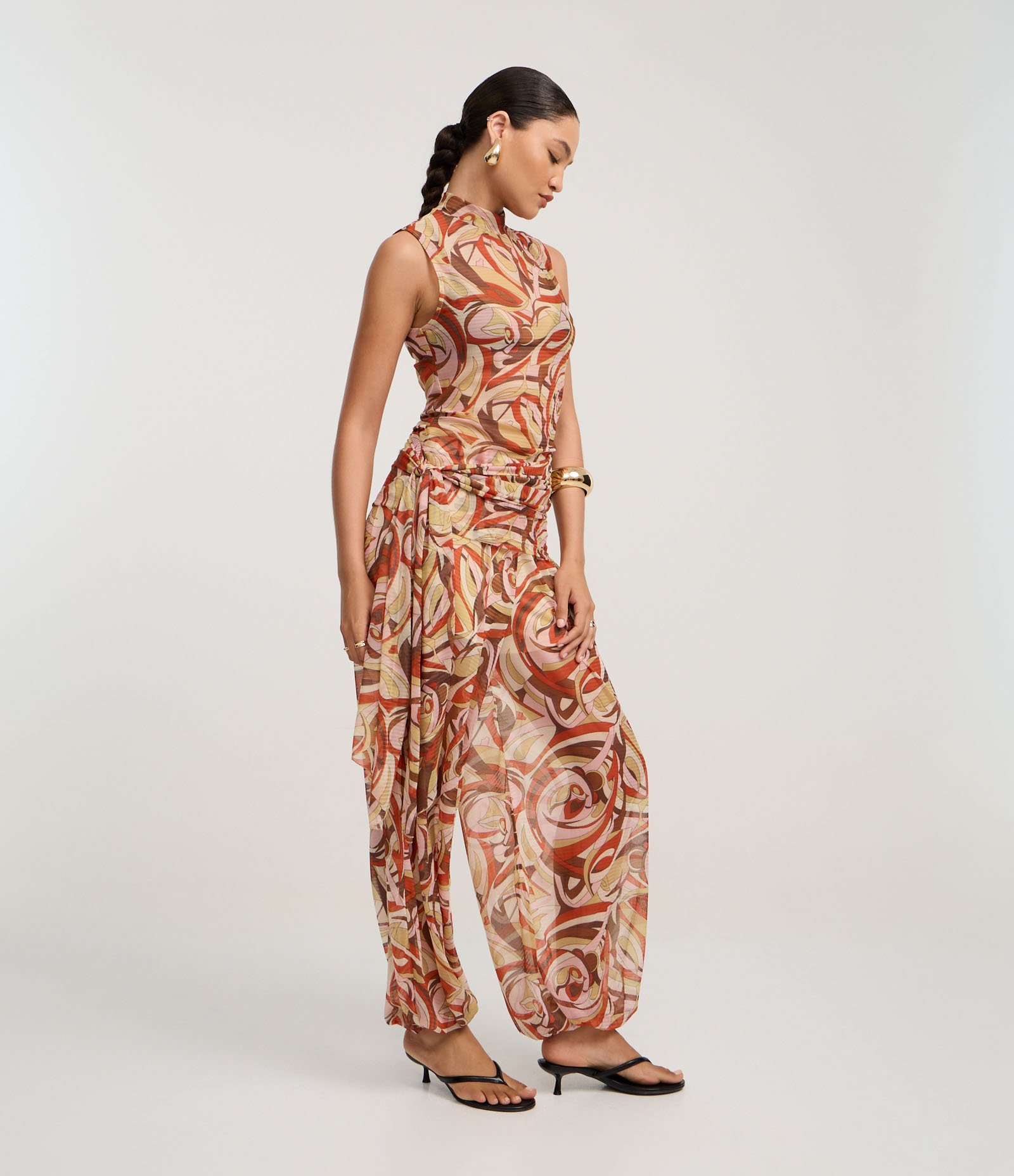 Calça Aladim em Tule com Cós Largo e Estampa Abstrata Multicores 1