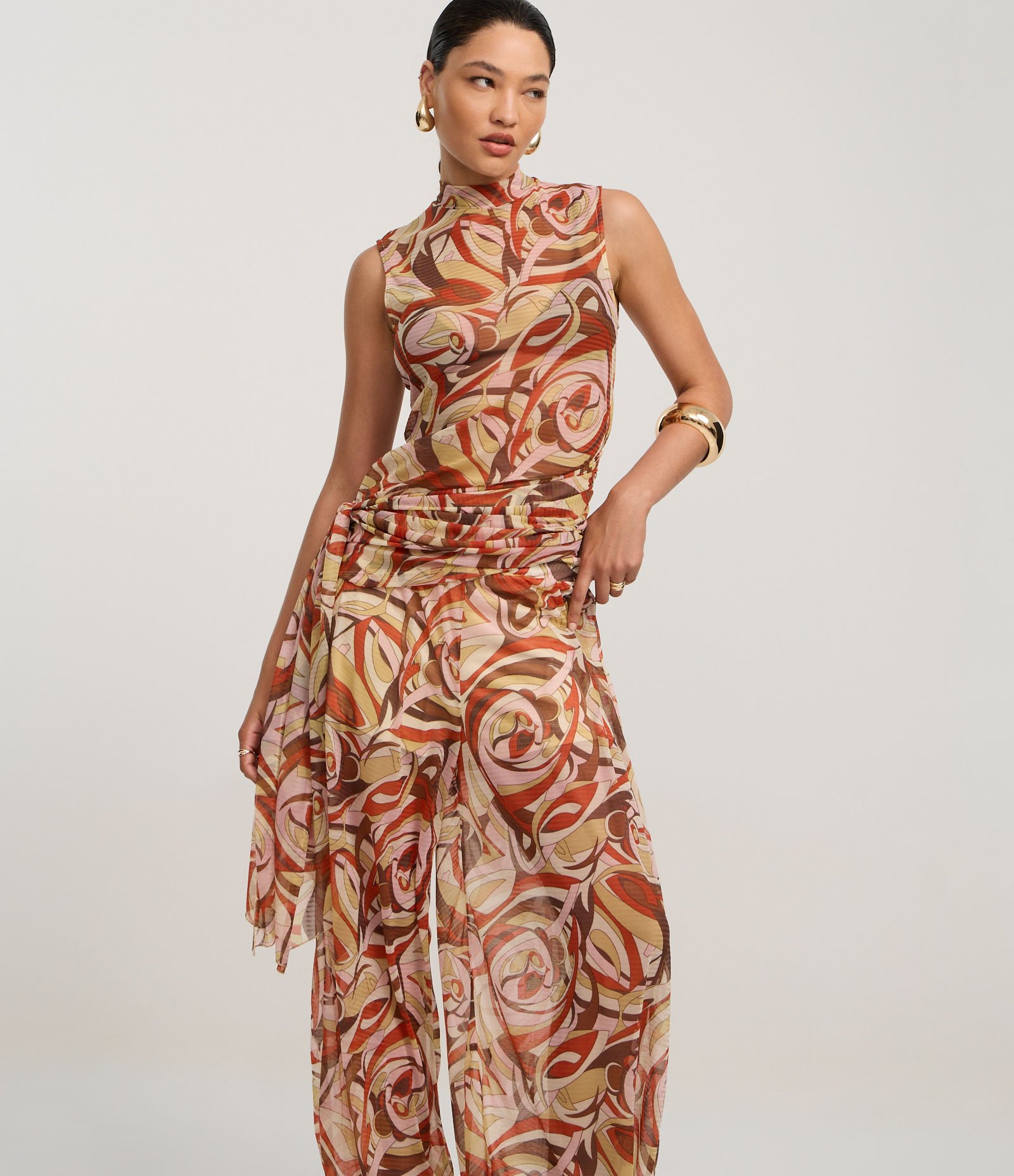 Calça Aladim em Tule com Cós Largo e Estampa Abstrata Multicores 2