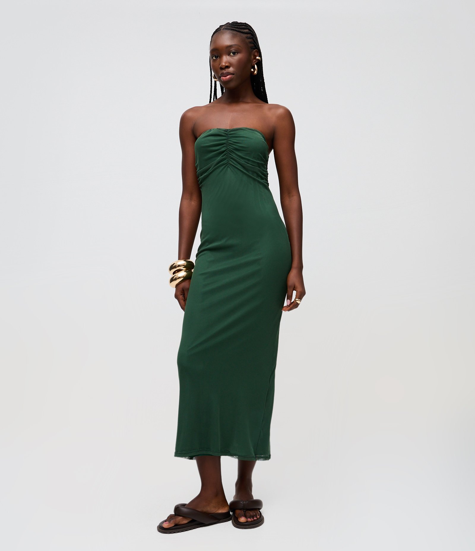 Vestido Long Midi com Decote Coração e Franzido no Busto Verde Escuro 1