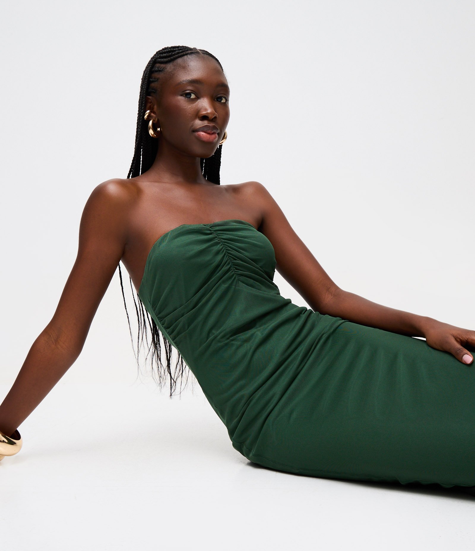 Vestido Long Midi com Decote Coração e Franzido no Busto Verde Escuro 2