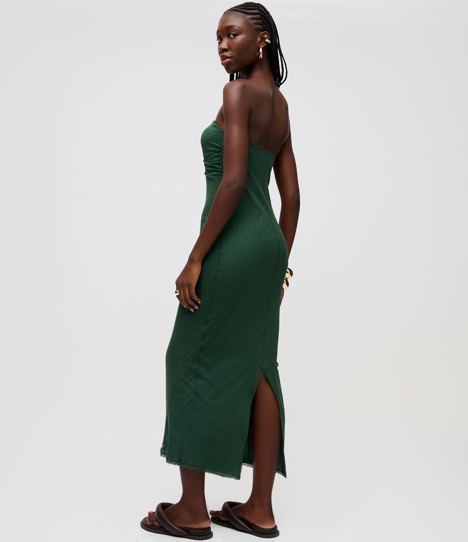 Vestido Long Midi com Decote Coração e Franzido no Busto Verde Escuro 3