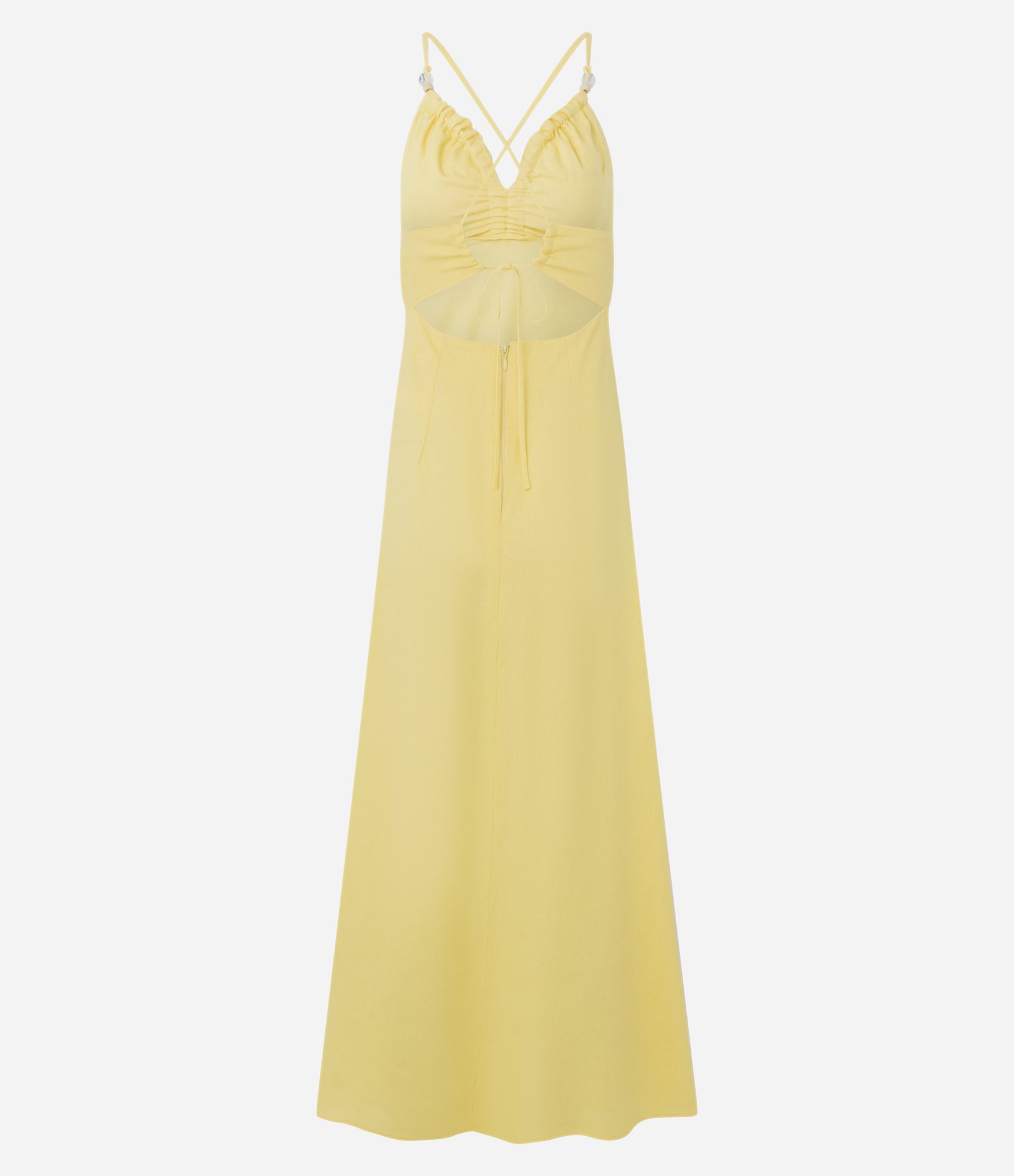 Vestido Long Midi em Viscolinho com Franzido e Aviamento Amarelo 3