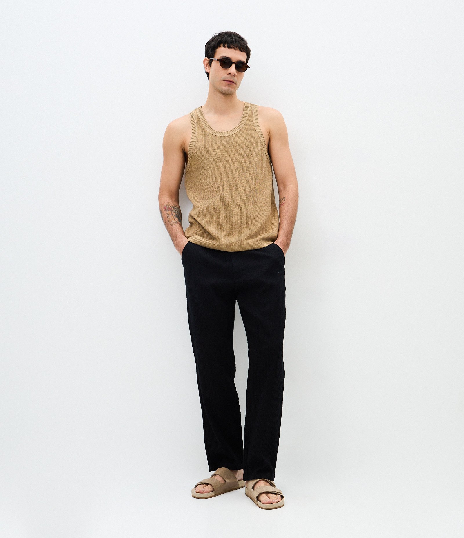 Calça Reta em Algodão com Textura Vertical Preto 1