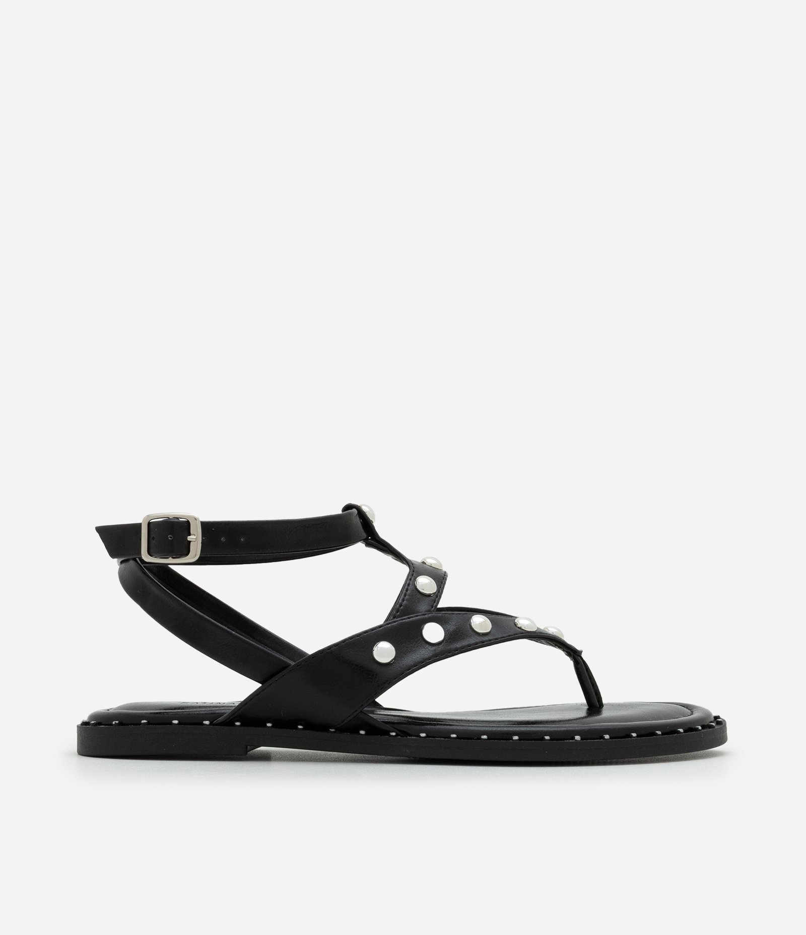 Sandália Rasteira Gladiadora em PU com Studs Contrastantes Preto 1