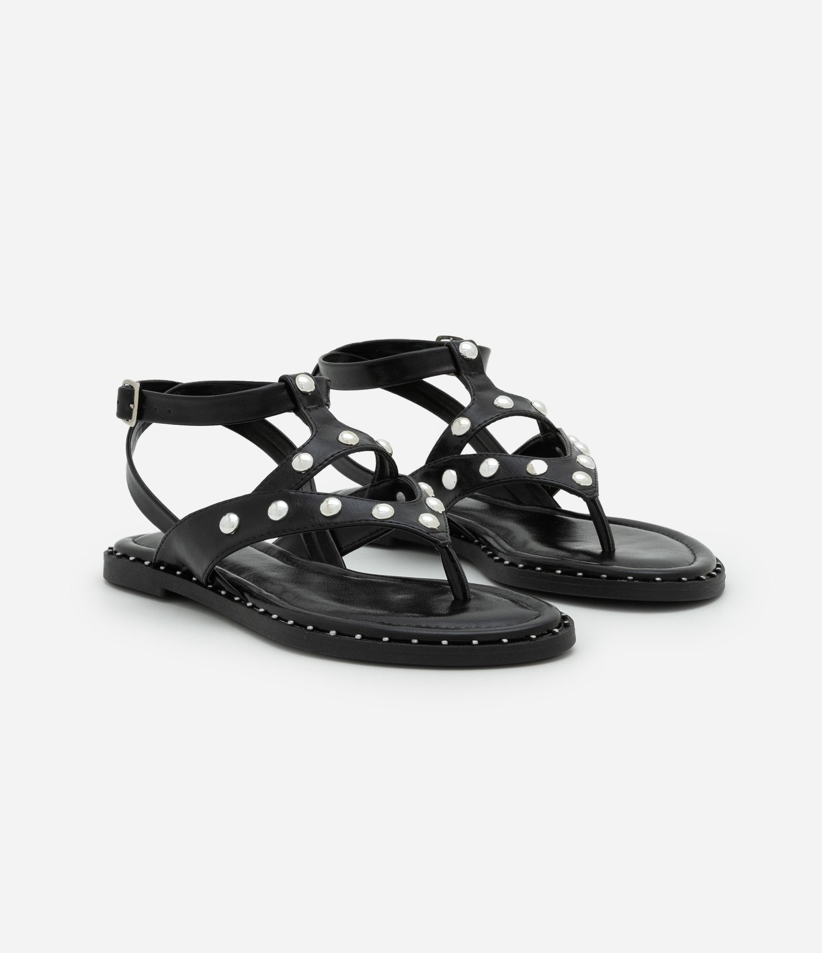 Sandália Rasteira Gladiadora em PU com Studs Contrastantes Preto 2