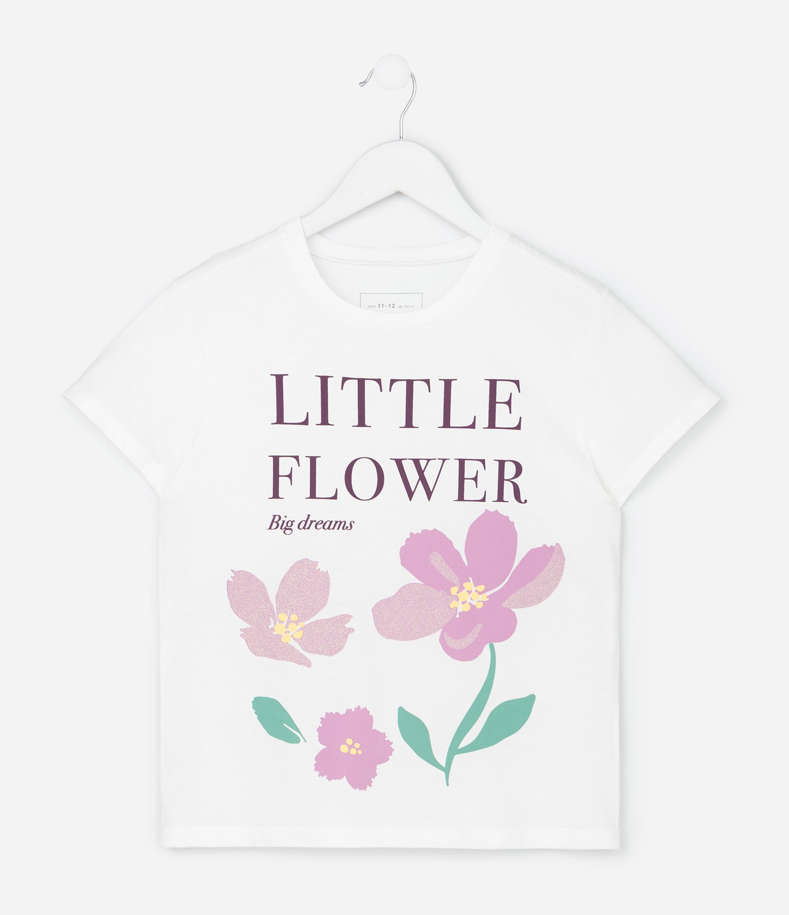 Camiseta Infantil Slim com Estampa de Flores com Glitter - Tam 7 a 16 Anos Branco 1