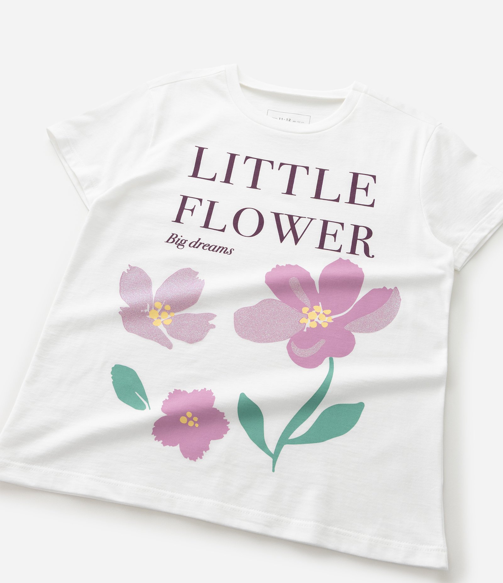 Camiseta Infantil Slim com Estampa de Flores com Glitter - Tam 7 a 16 Anos Branco 4