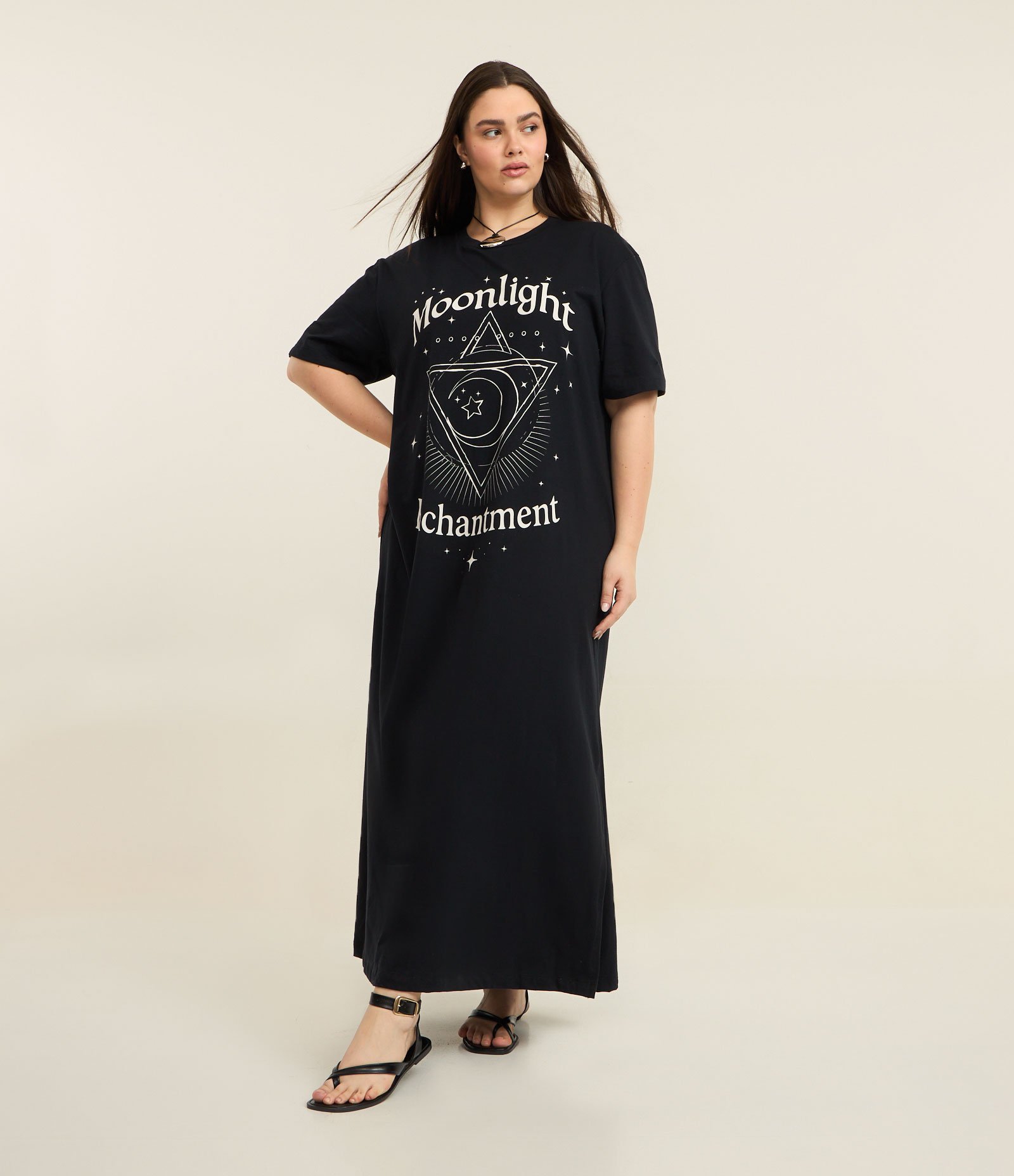 Vestido Longo em Algodão Estampa Moonlight Enchantment Curve & Plus Size Preto 1