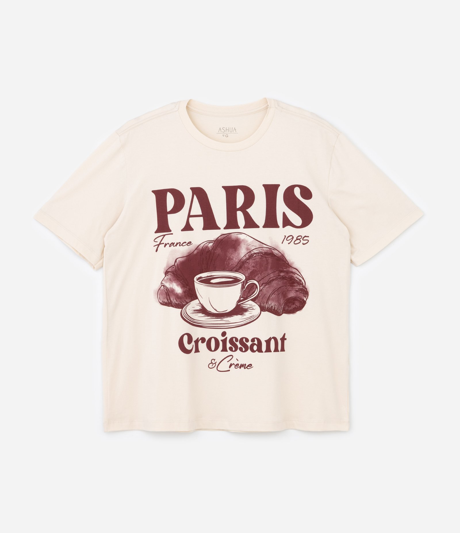 Camiseta Alongada Estampa Paris Croissant e Crème Curve & Plus Size Off White 1