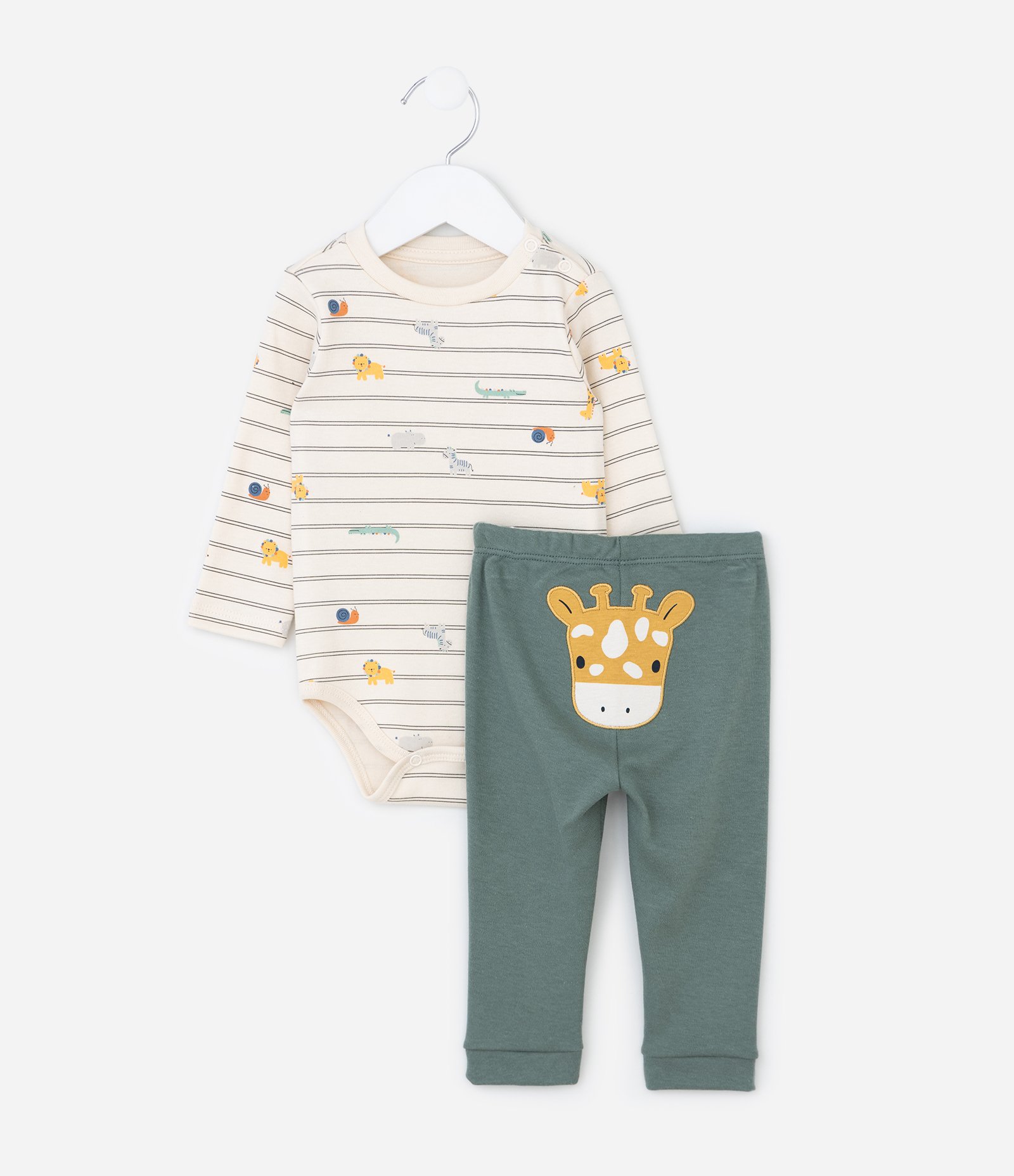 Conjunto Infantil em Suedine com Bordado de Girafa - Tam RN a 18 meses Bege/Verde 1
