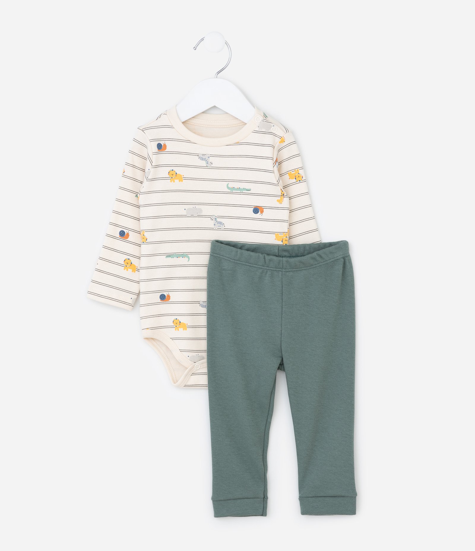 Conjunto Infantil em Suedine com Bordado de Girafa - Tam RN a 18 meses Bege/Verde 2