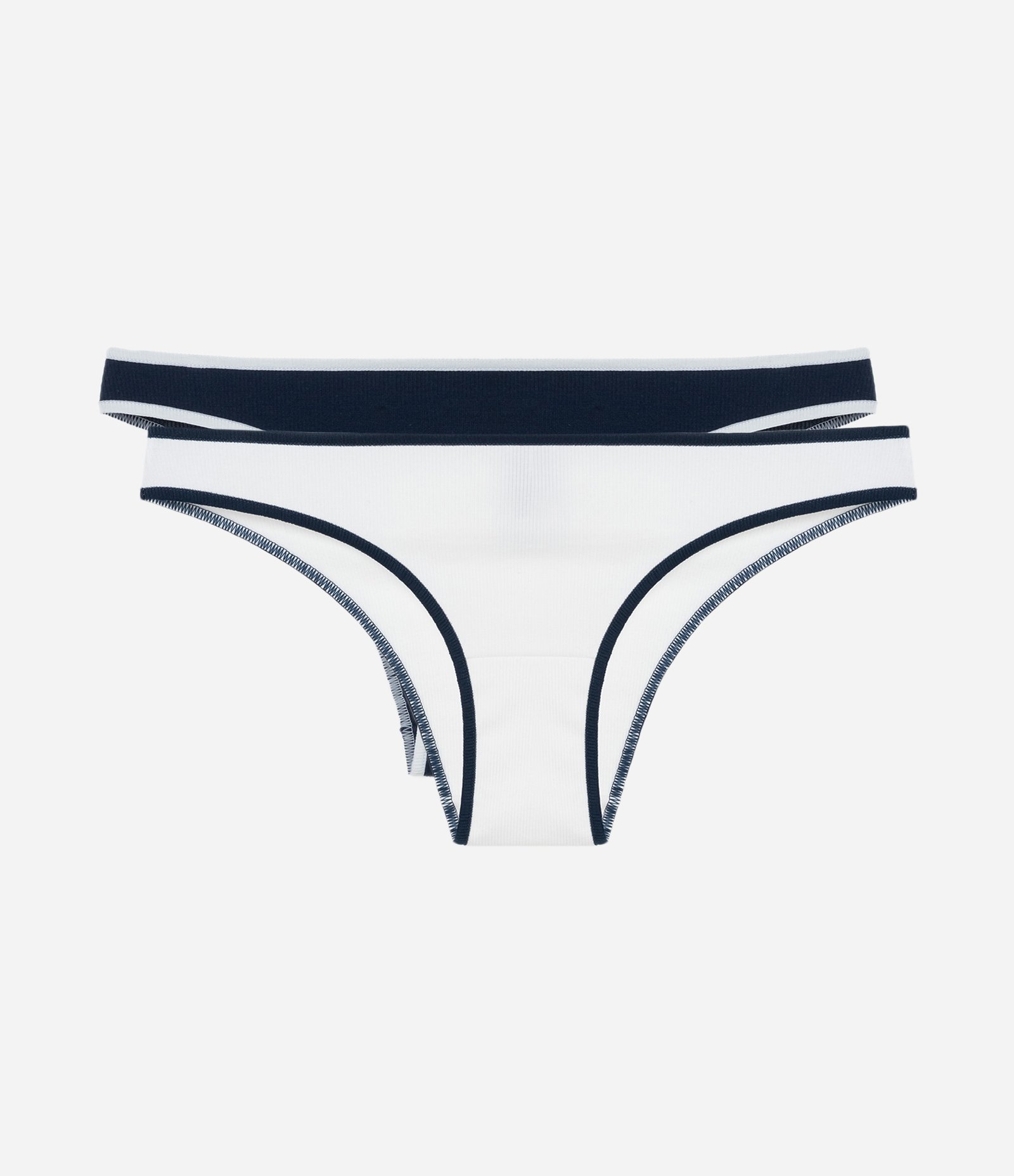 Kit 02 Calcinhas Biquíni em Algodão Canelado com Viés Contrastante Azul/Branco 1