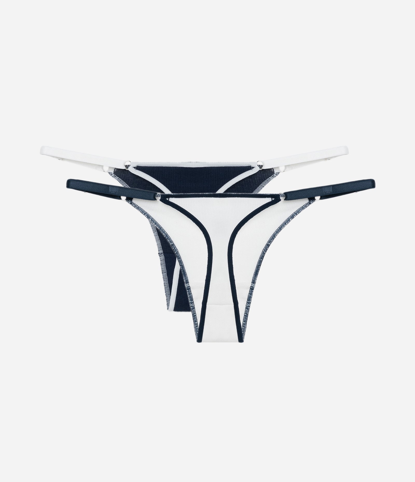 Kit 02 Calcinhas Biquíni String em Algodão Canelado Azul Marinho/Branco 2