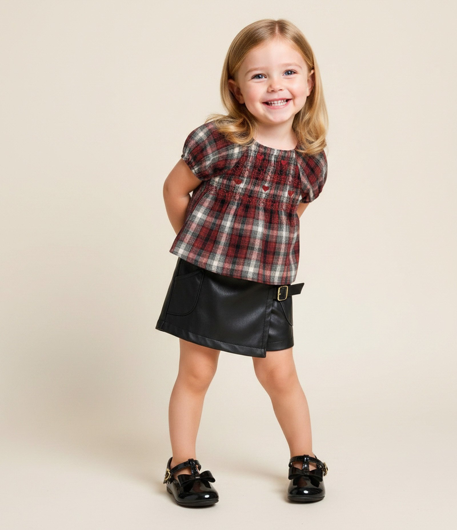 Blusa Infantil em Tricoline Xadrez com Corações – Tam 1 a 6 Anos Vermelho/Preto 1