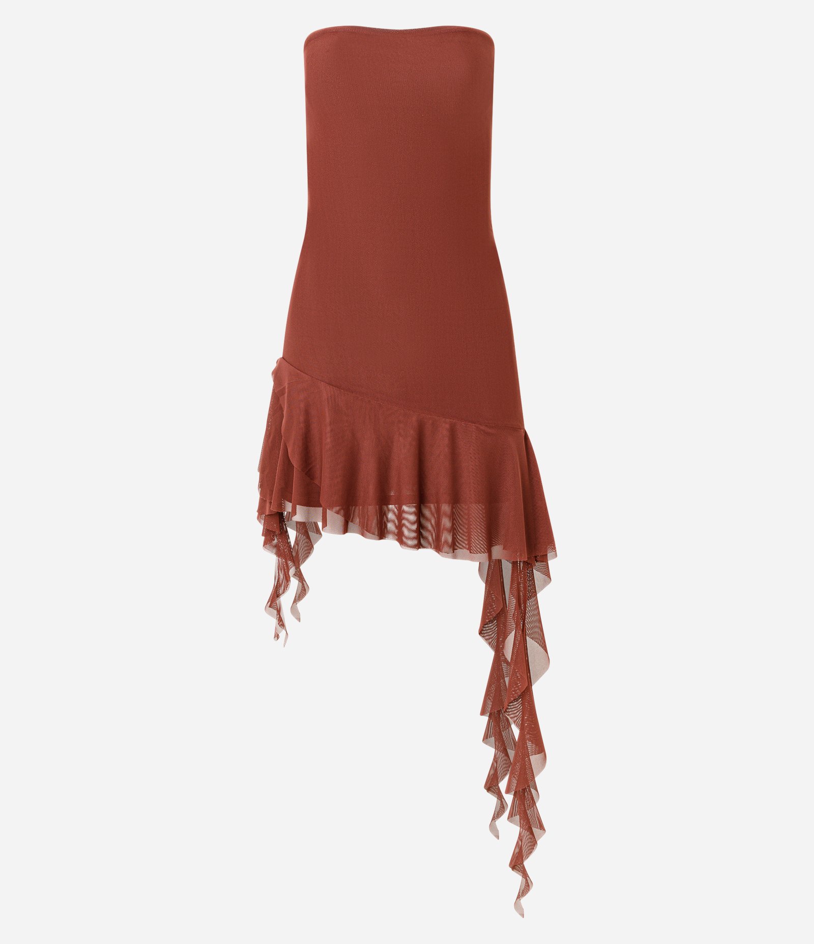 Vestido Curto em Tule com Babado Assimétrico na Barra Marrom 1