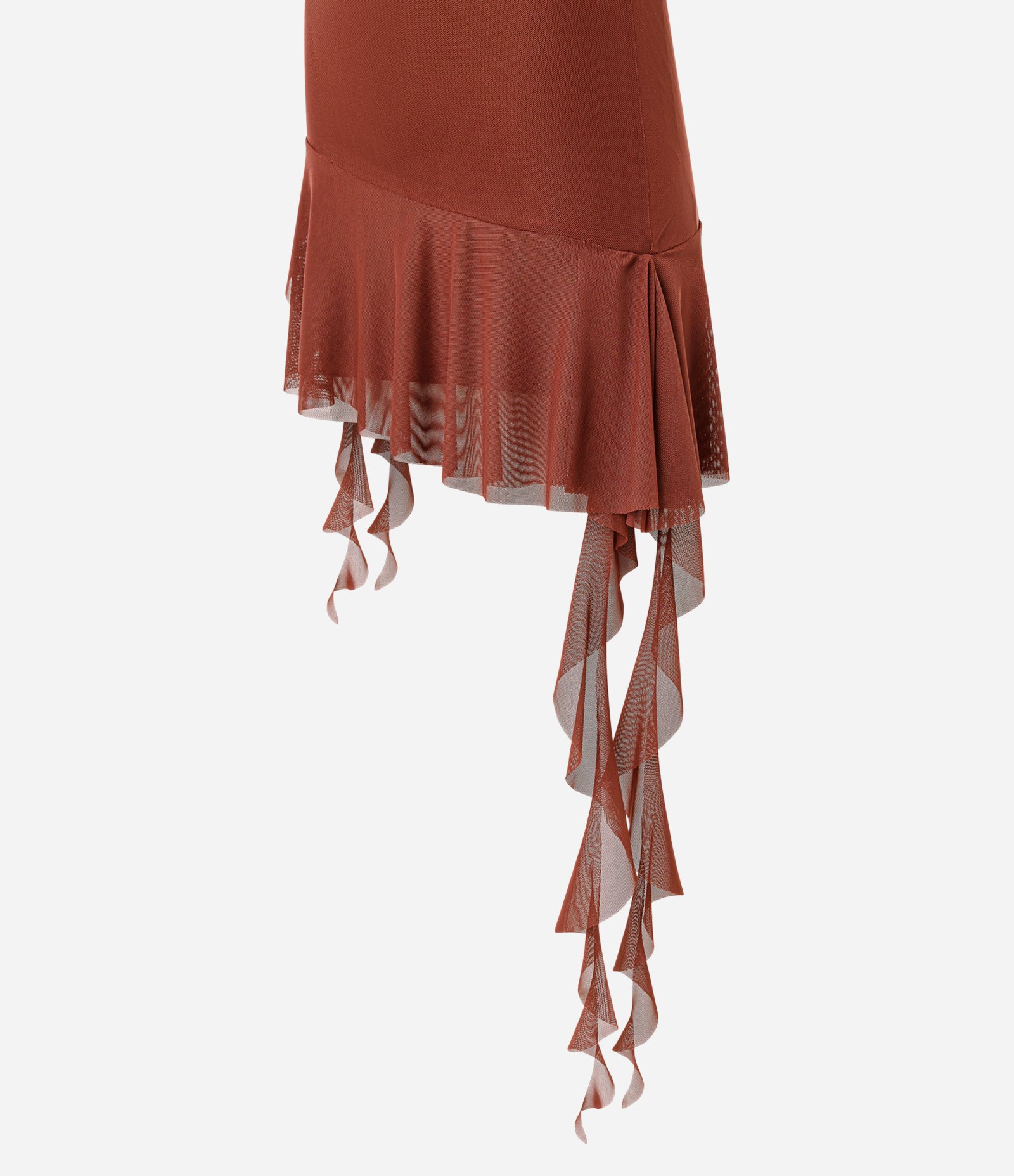 Vestido Curto em Tule com Babado Assimétrico na Barra Marrom 3