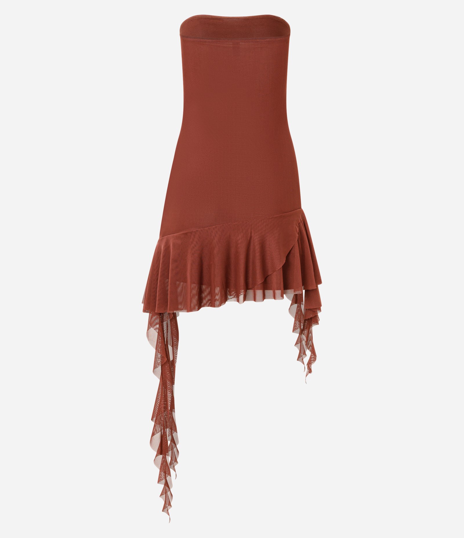 Vestido Curto em Tule com Babado Assimétrico na Barra Marrom 4