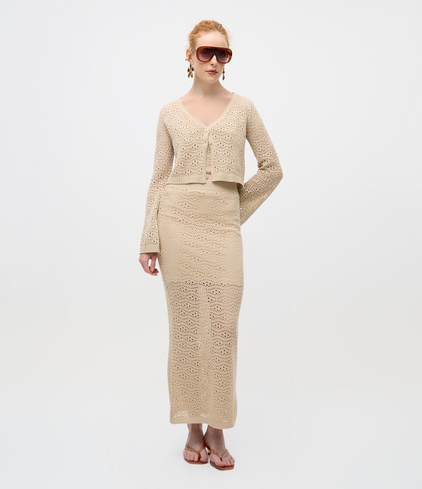 Saia Longa em Tricô Vazado com Textura Coordenada Bege 1
