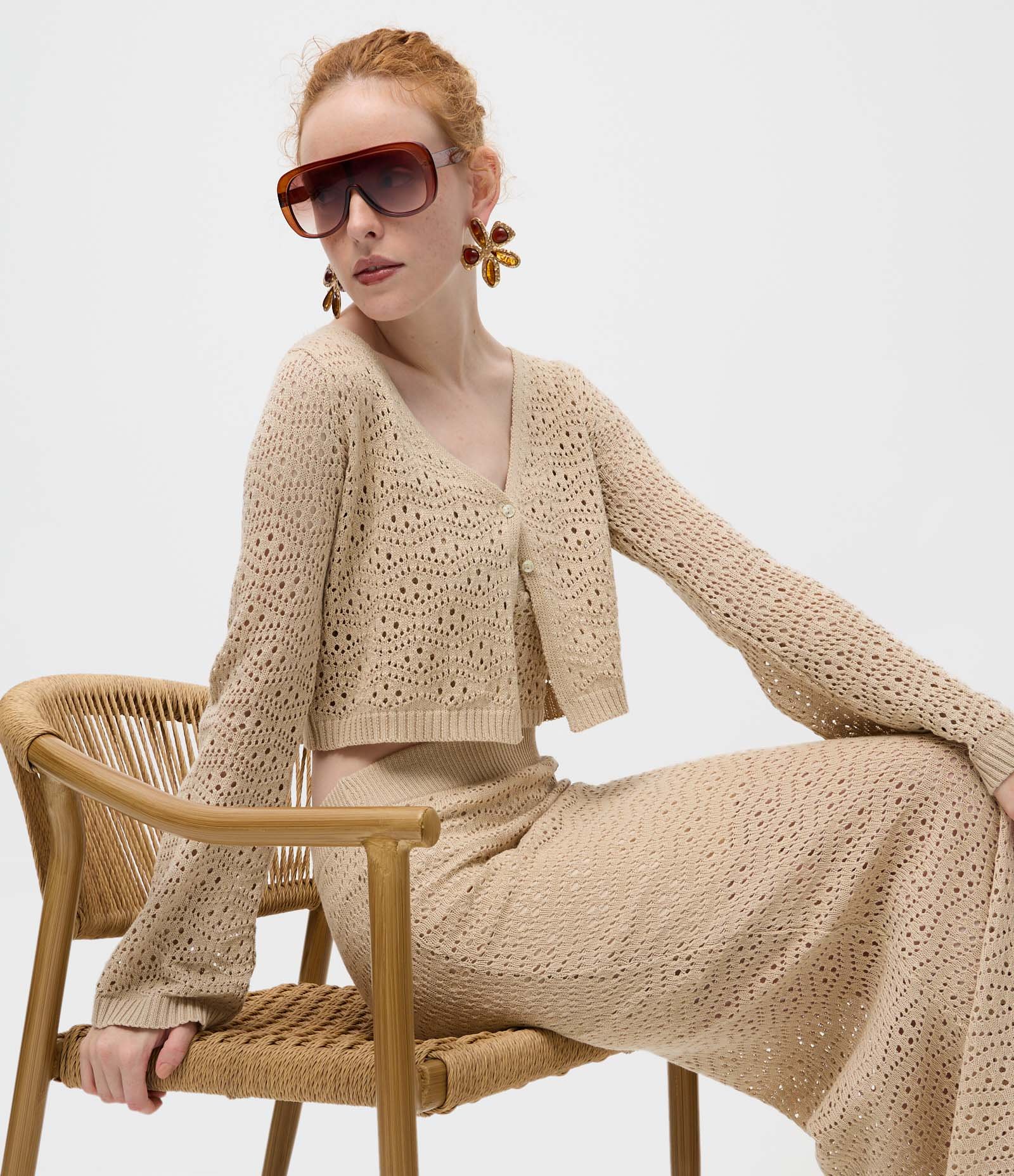 Saia Longa em Tricô Vazado com Textura Coordenada Bege 4