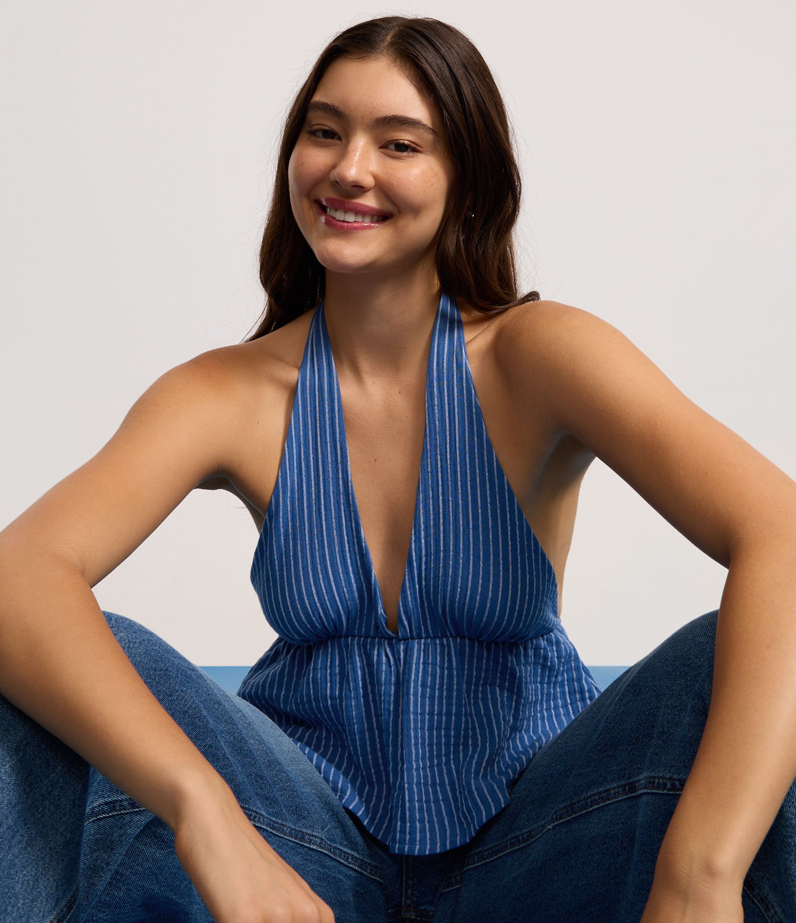 Blusa Frente Única com Listra e Texturizada Azul 4