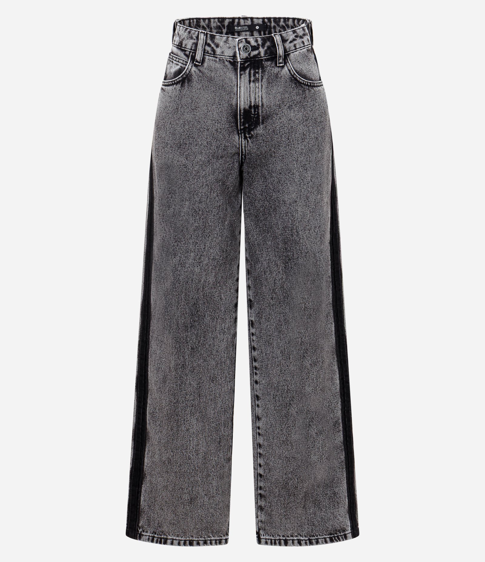 Calça Wide Leg em Jeans com Lateral Contrastante Preto Estonado 5