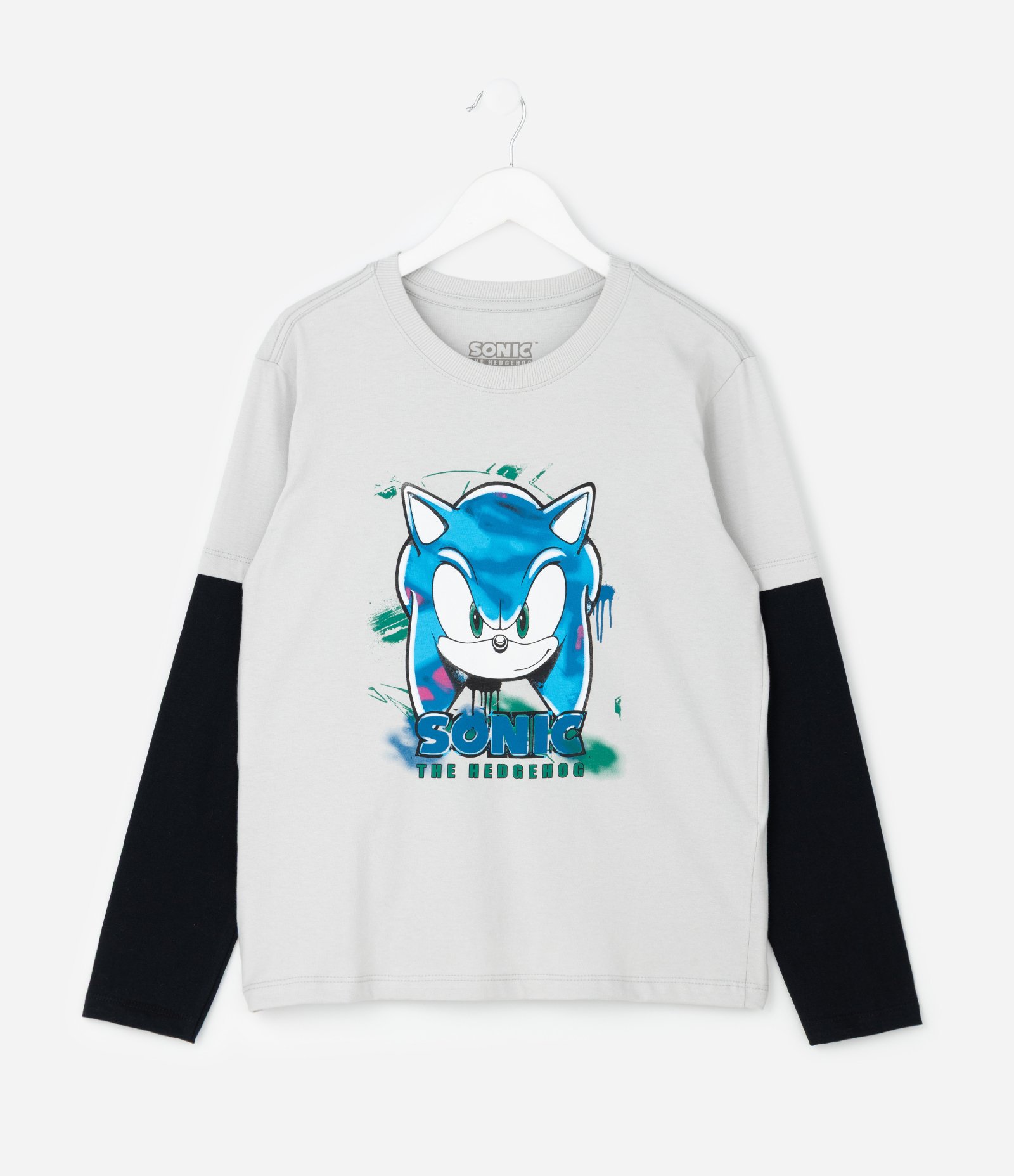 Camiseta Infantil com Manga Sobreposta e Estampa Sonic – Tam 5 a 14 Anos Cinza Claro 1