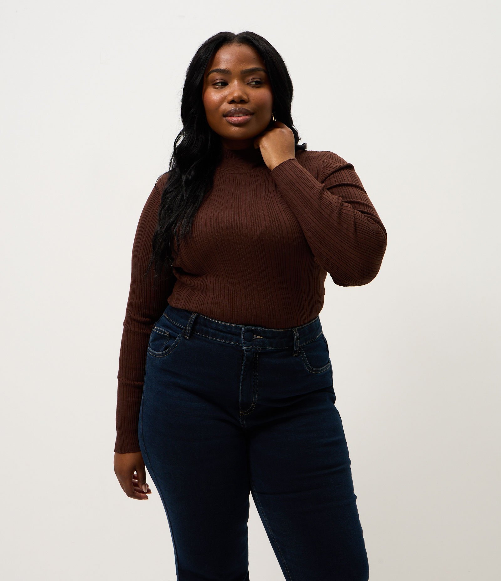 Blusa Canelada com Gola Alta Curve & Plus Size Marrom 1