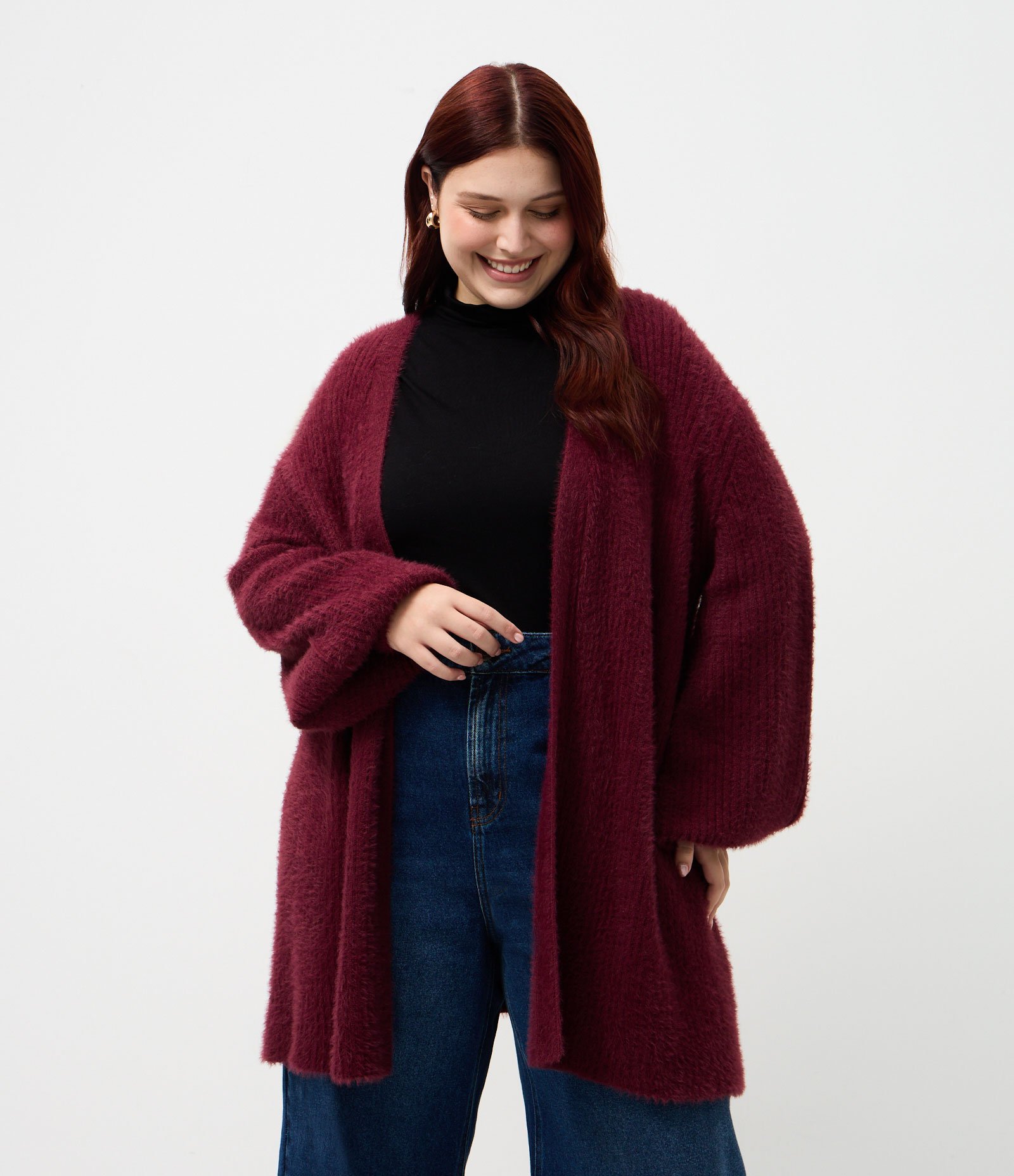 Cardigan Alongado em Tricô Retilíneo Curve & Plus Size Vermelho 2