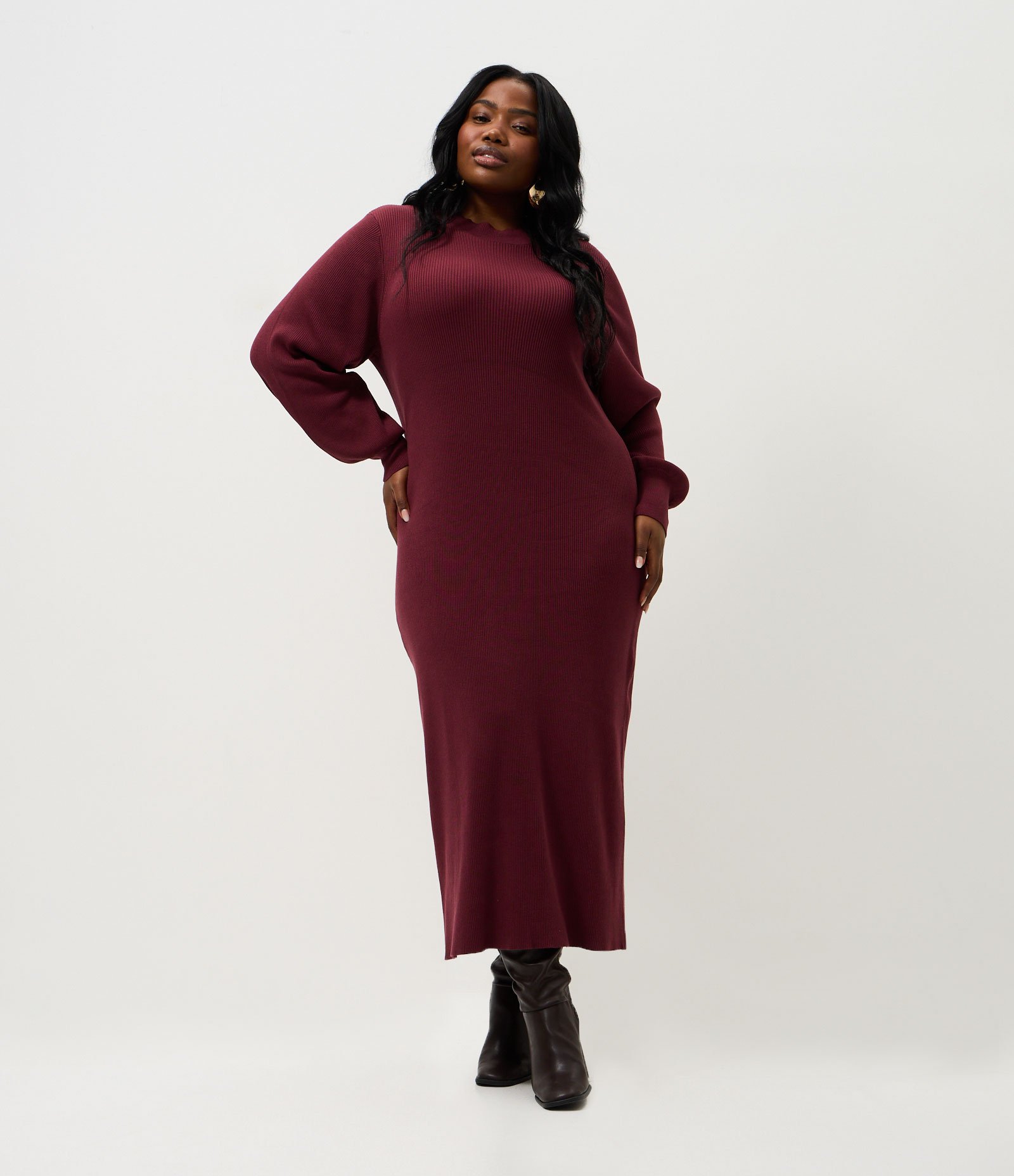 Vestido Midi em Tricô com Manga Bufante Curve & Plus Size Marrom 1