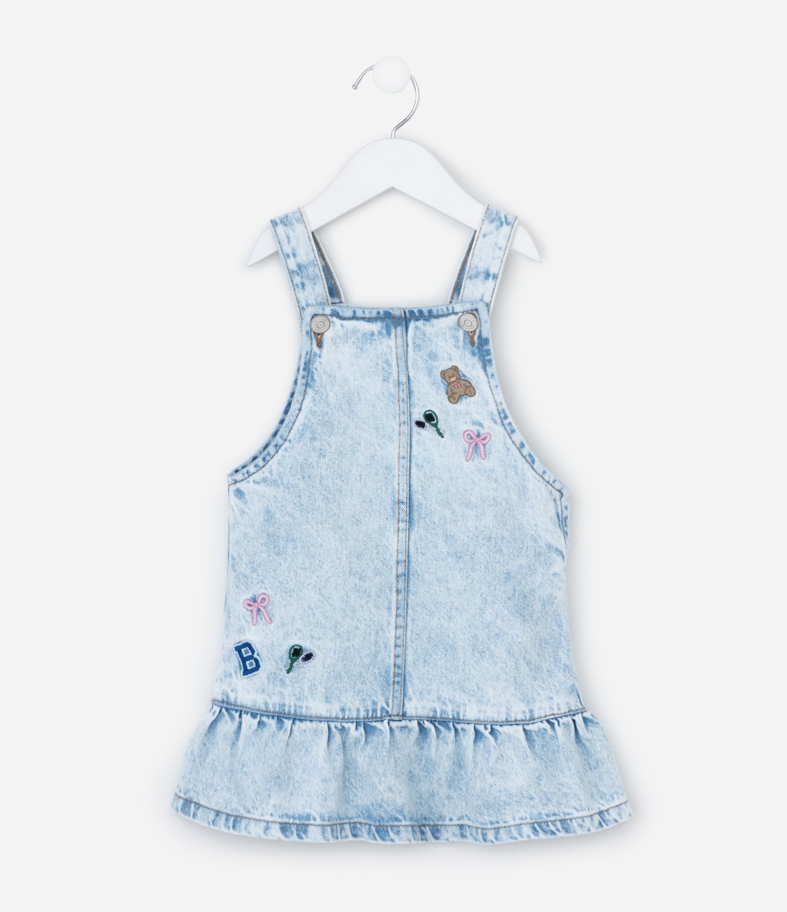 Salopete Jeans com Ícones Bordados e Babadinho - Tam 1 a 6 Anos Azul 1