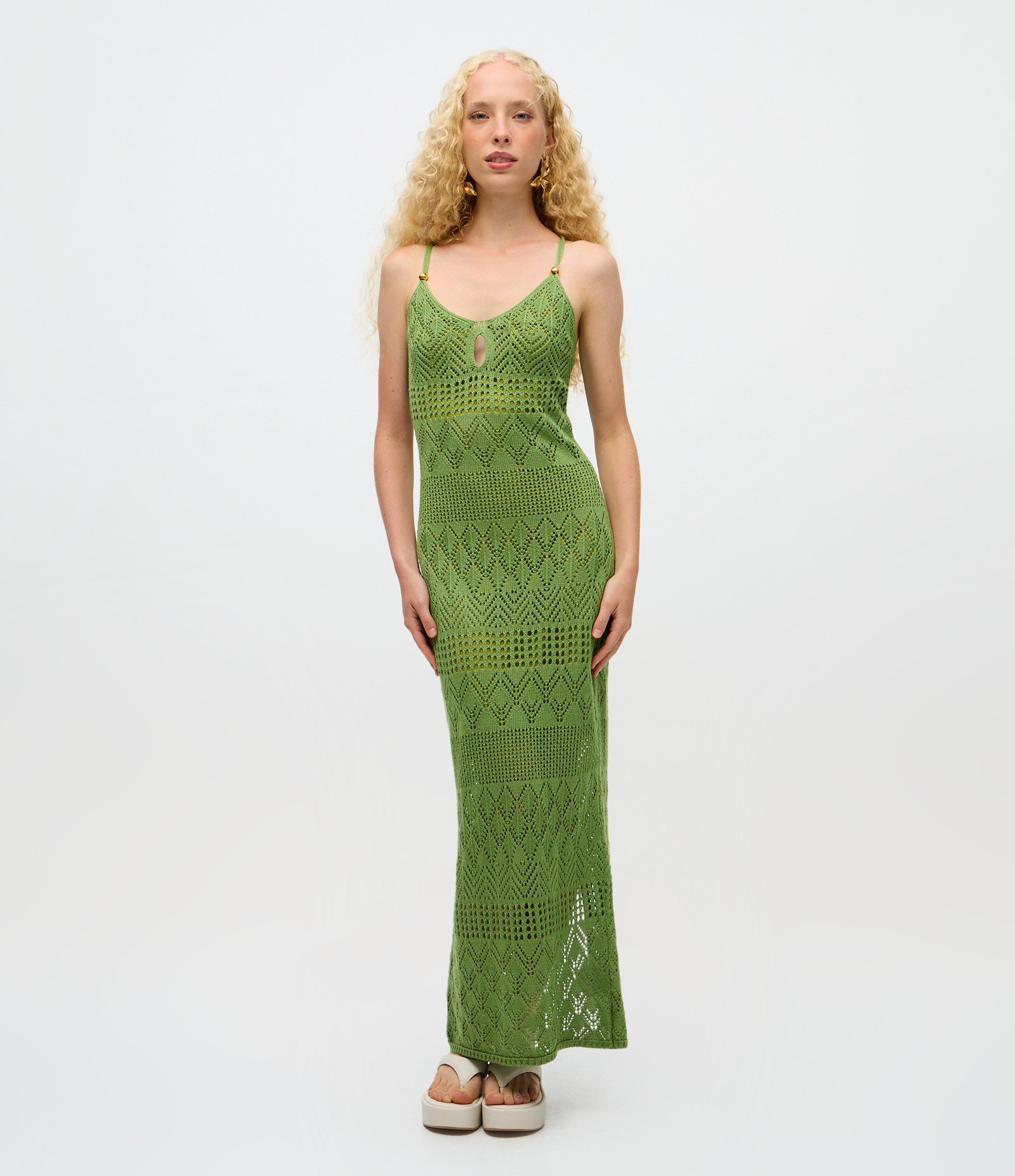 Vestido em Tricô com Decote Gota e Alças Cruzadas Verde 1