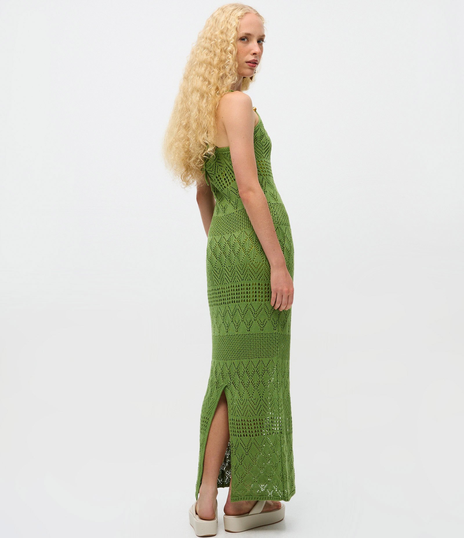 Vestido em Tricô com Decote Gota e Alças Cruzadas Verde 3