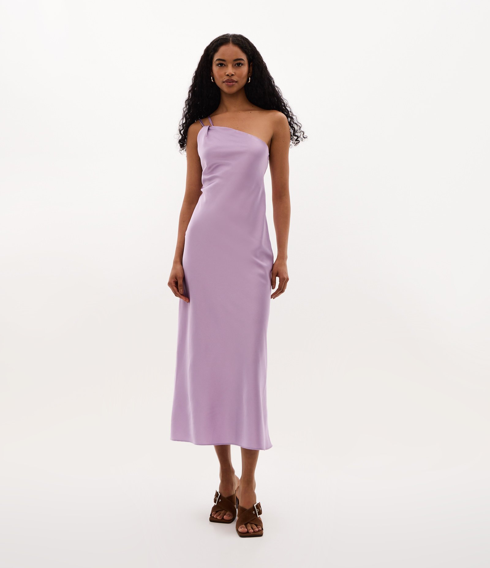Vestido Long Midi Ombro Só em Cetim com Alça Dupla Lillás 1