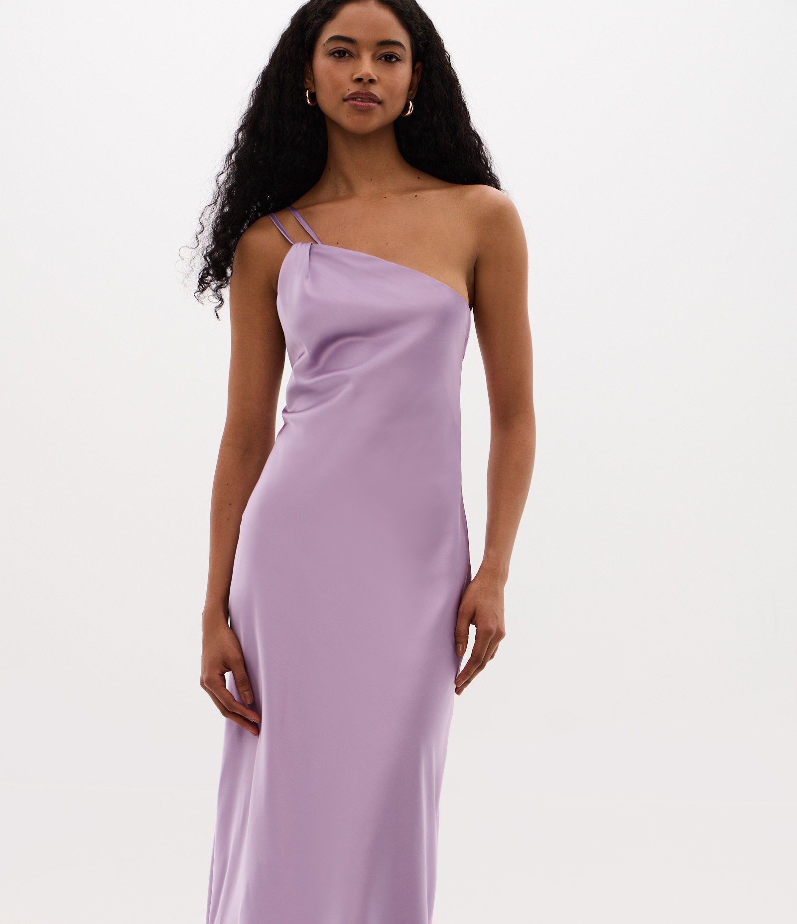 Vestido Long Midi Ombro Só em Cetim com Alça Dupla Lillás 2