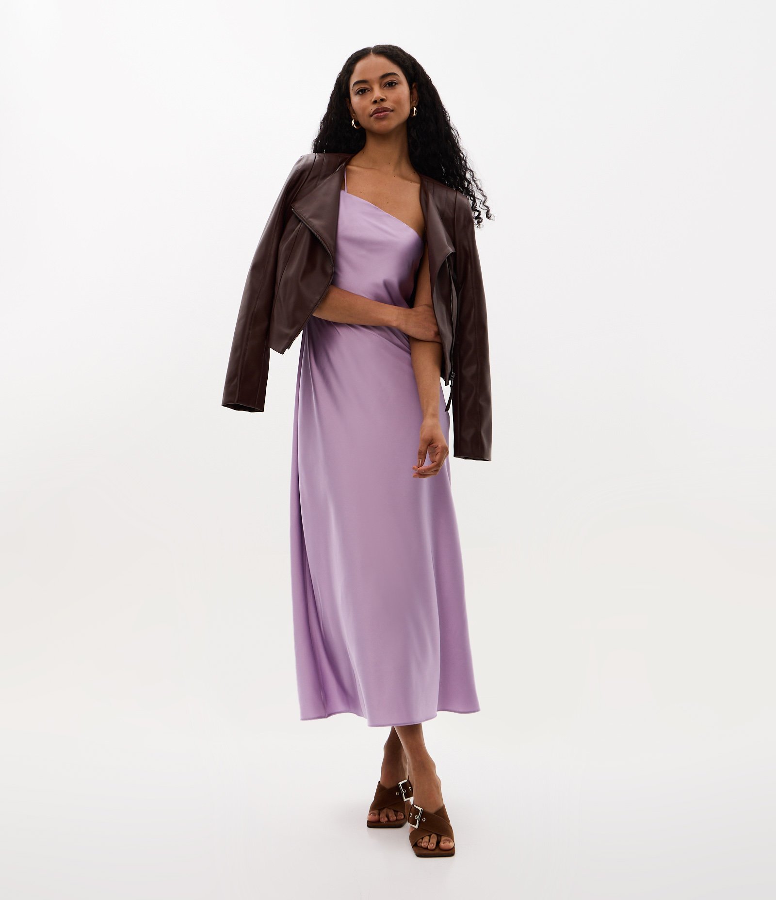 Vestido Long Midi Ombro Só em Cetim com Alça Dupla Lillás 4