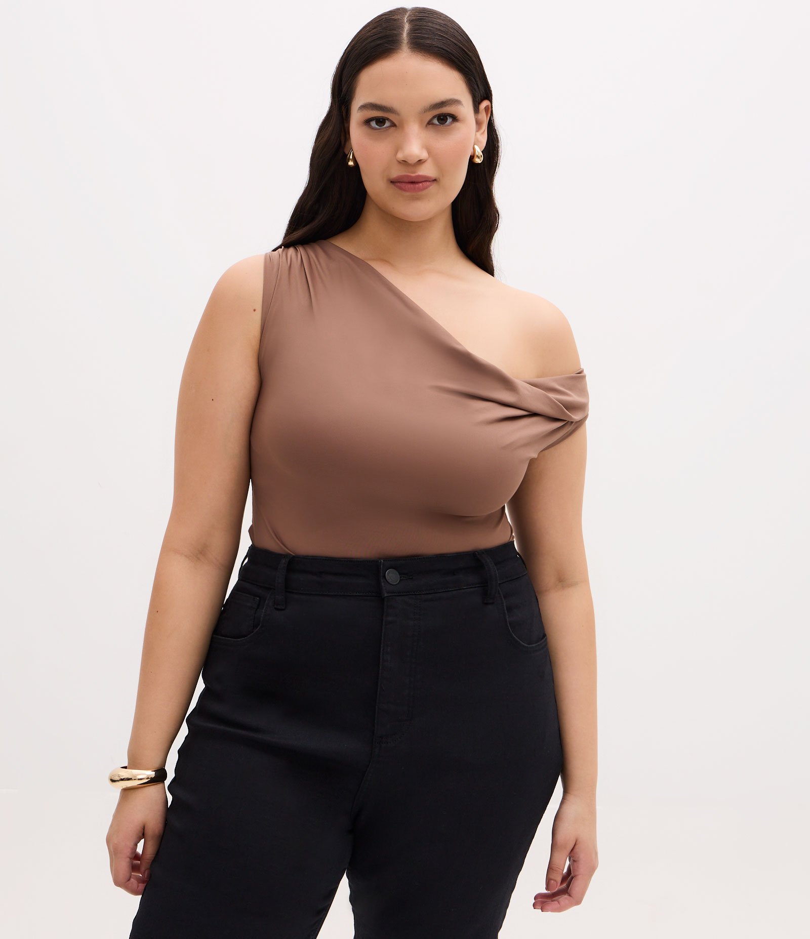 Blusa Ajustada em Microfibra com Decote Ombro a Ombro Marrom 1