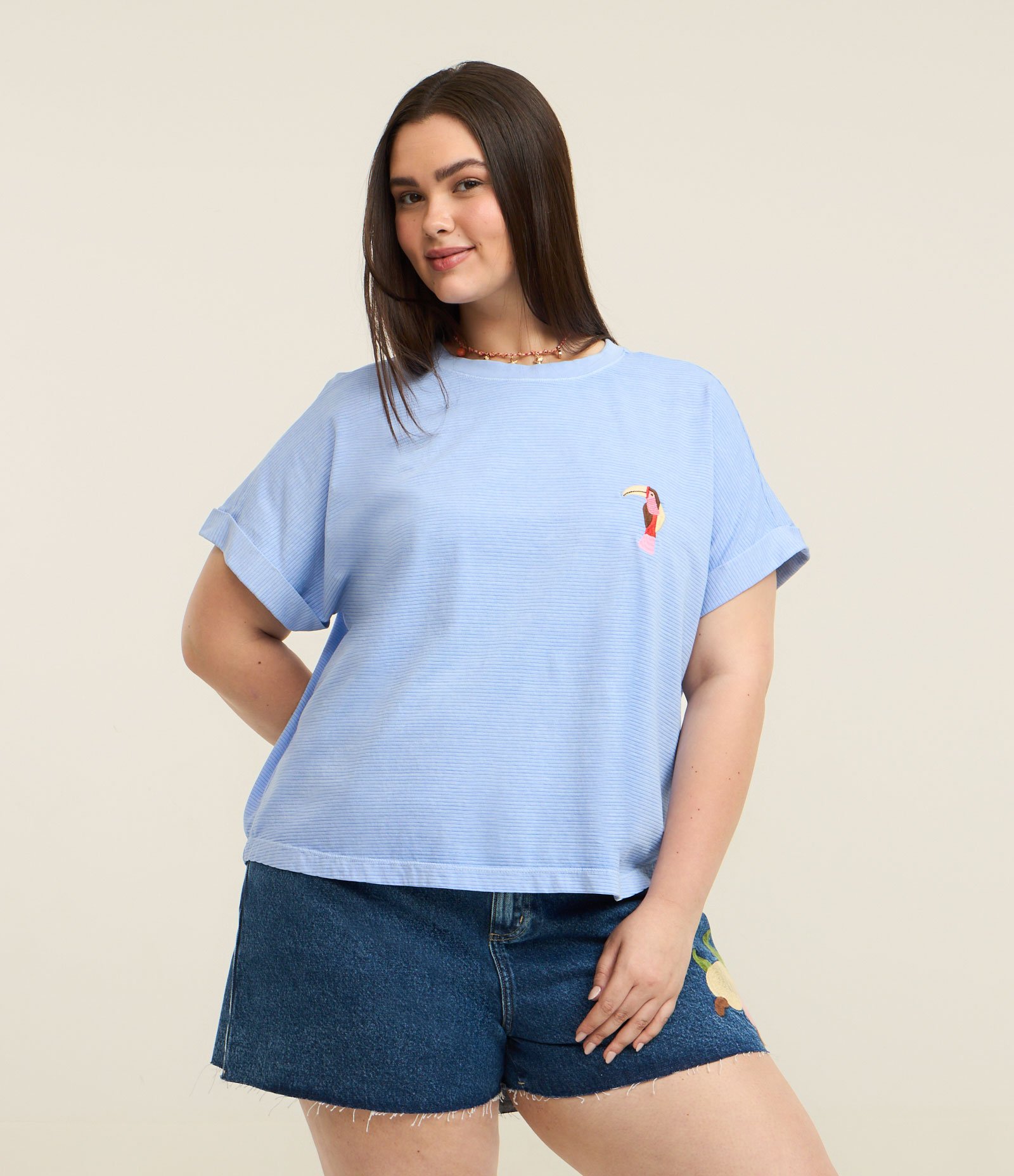 Blusa Boxy em Meia Malha com Bordado Tucano Azul 1