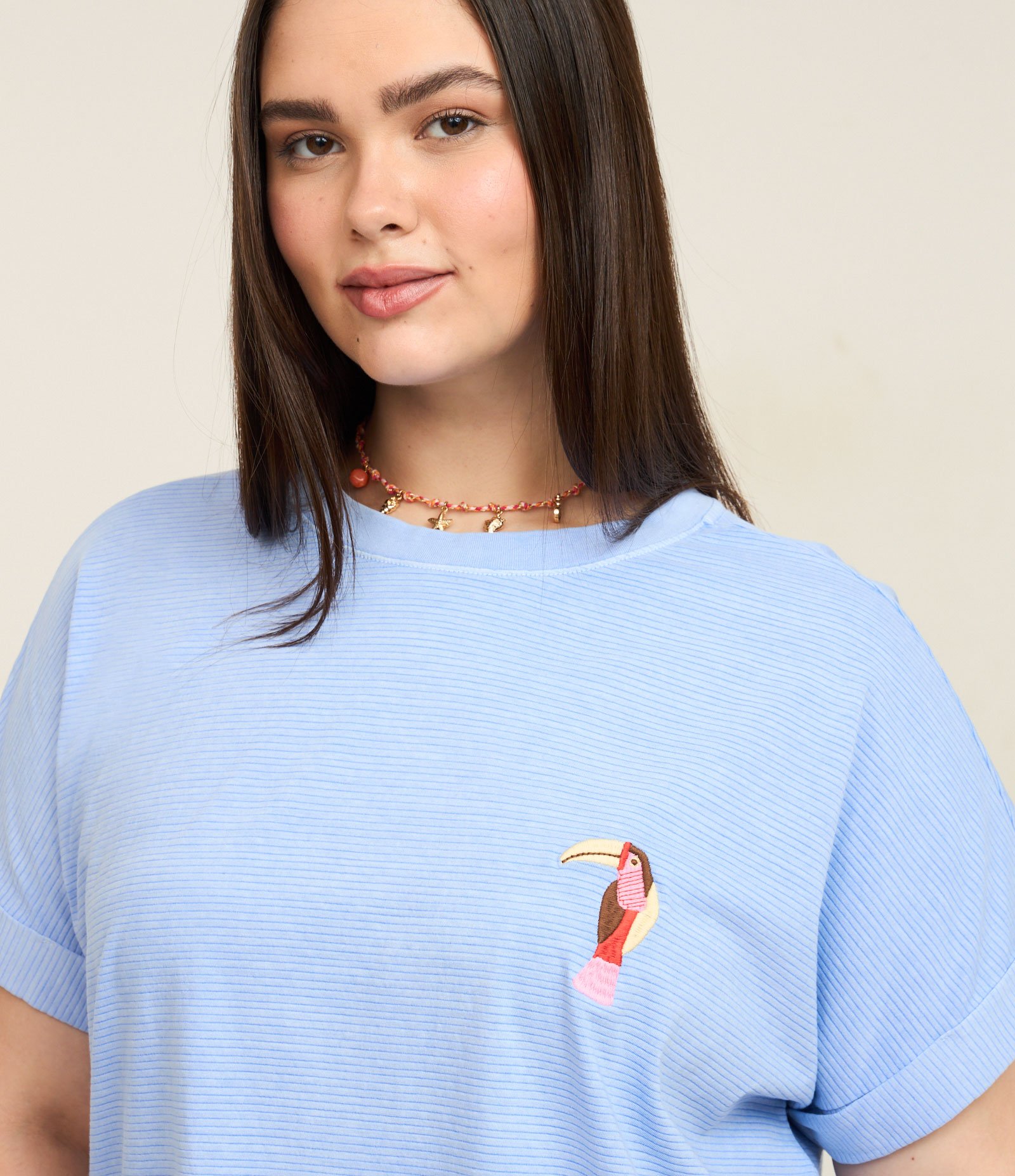 Blusa Boxy em Meia Malha com Bordado Tucano Azul 2