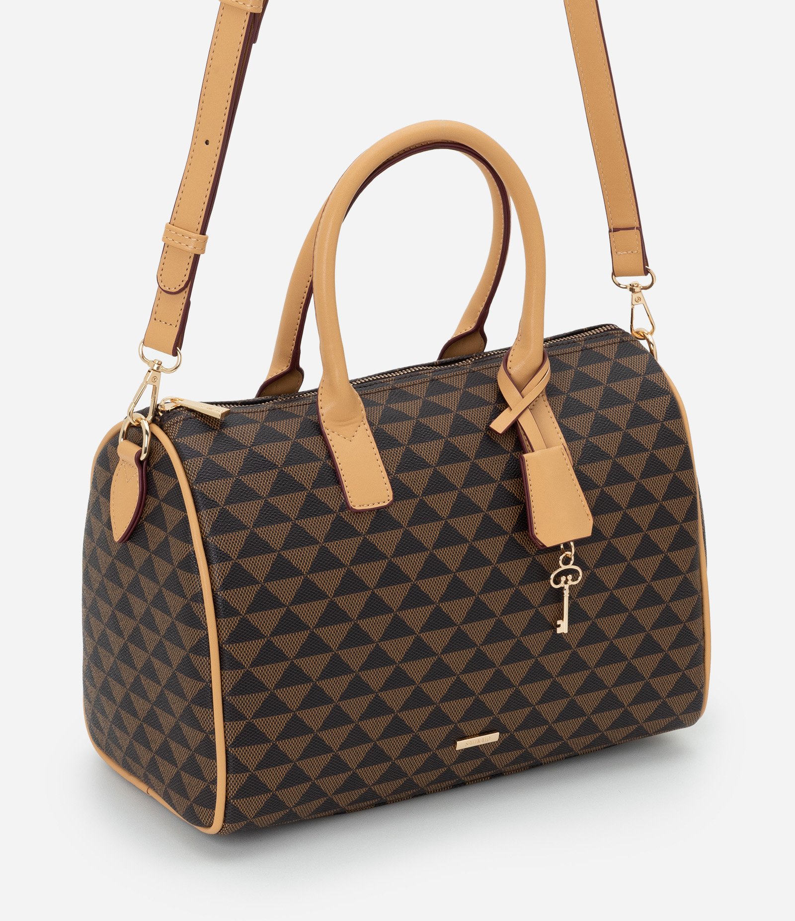 Bolsa Grande em PU com Alça de Mão e Estampa Triângulos Marrom 1