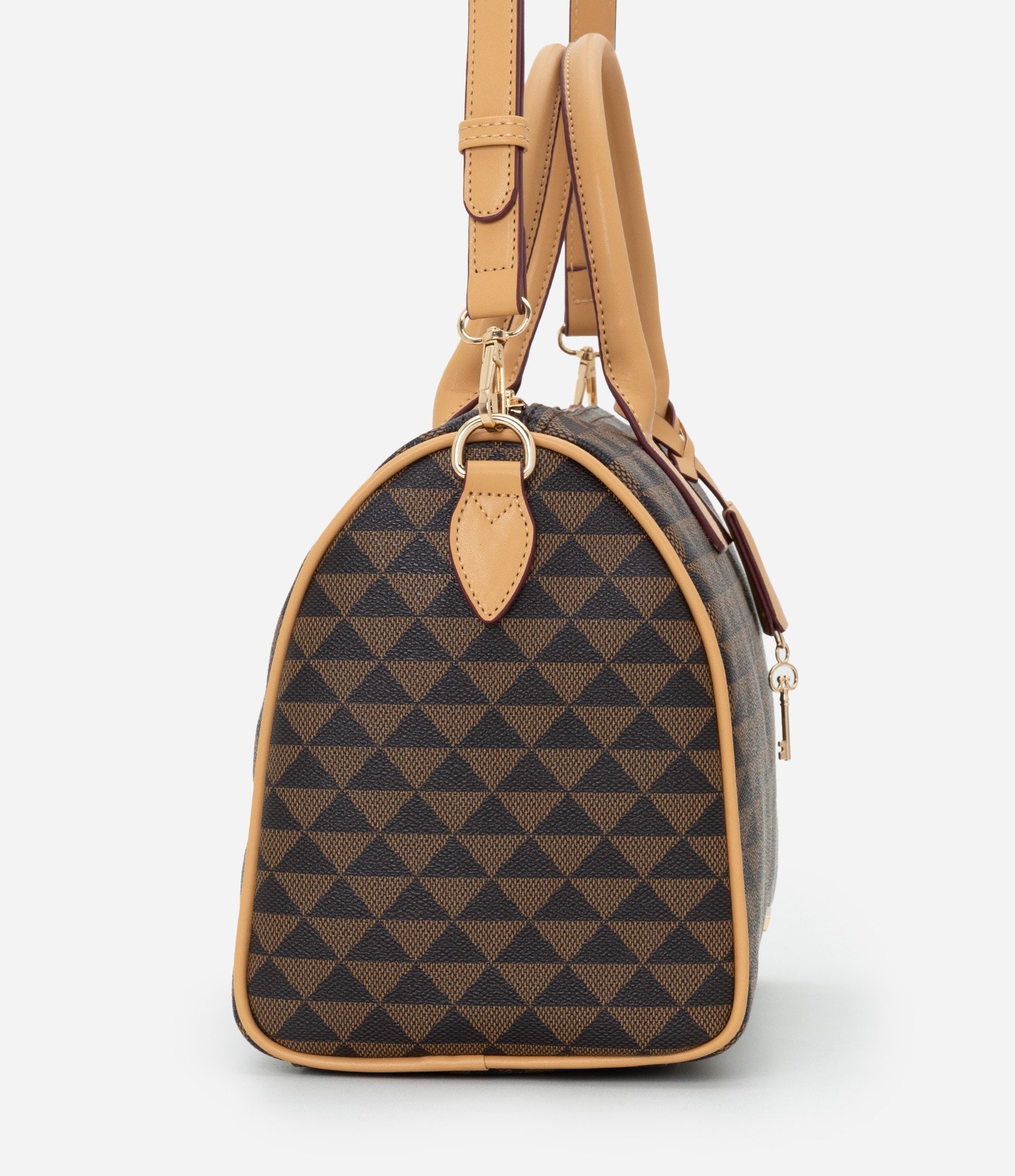 Bolsa Grande em PU com Alça de Mão e Estampa Triângulos Marrom 2