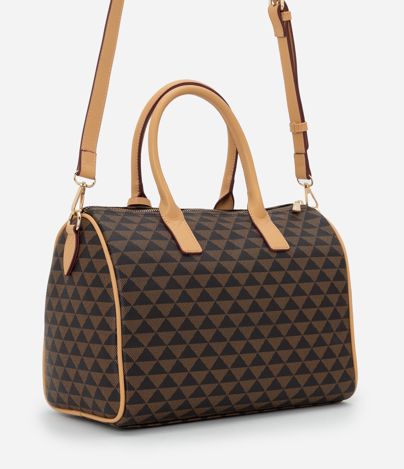 Bolsa Grande em PU com Alça de Mão e Estampa Triângulos Marrom 3