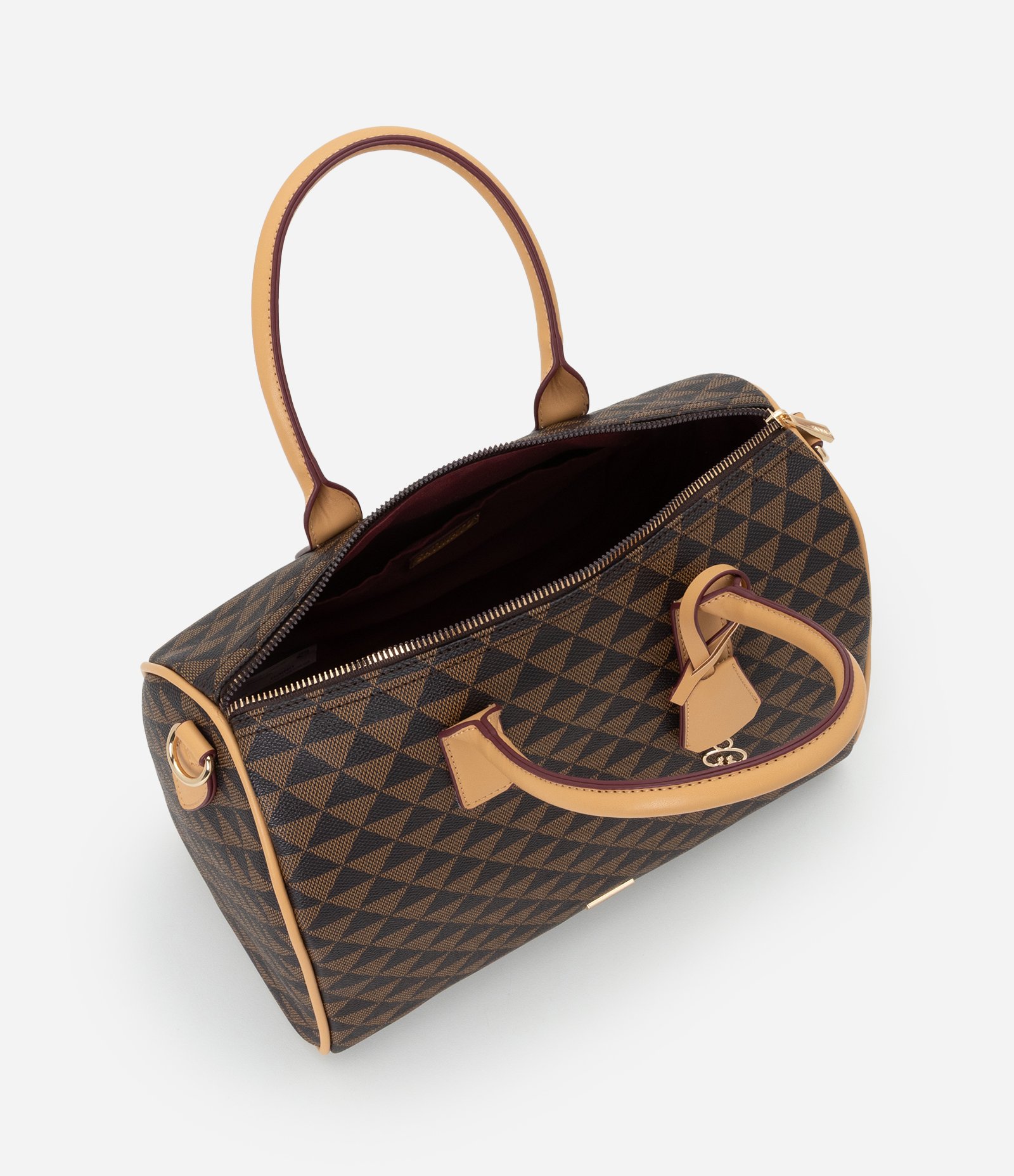 Bolsa Grande em PU com Alça de Mão e Estampa Triângulos Marrom 5
